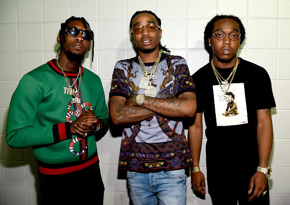 ATLANTA, GA - JUNE 29:  (Exclusive Coverage)Offset, Quavo, and Takeoff of Migos pose backstage during the kick off the 2016 Honda Civic Tour: Future Now at Philips Arena on June 29, 2016 in Atlanta, Georgia.  (Photo by Kevin Mazur/Getty Images for Philymack)