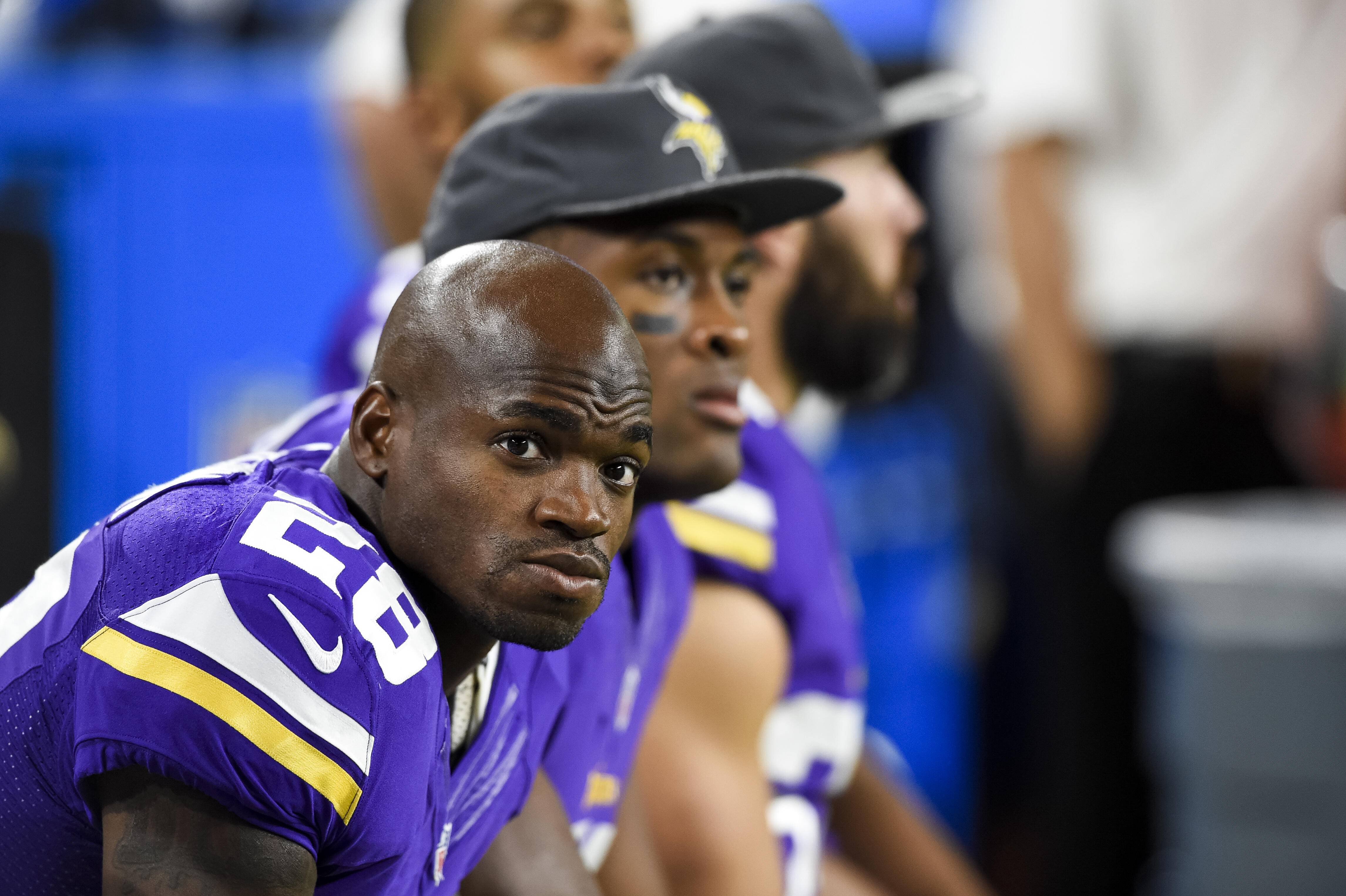 MINNEAPOLIS, MN - SEPTEMBER 1: Adrian Peterson #28 of the Minnesota Vikings looks on during the game against the Los Angeles Rams on September 1, 2016 at US Bank Stadium in Minneapolis, Minnesota. The Vikings defeated the Rams 27-25. (Photo by Hannah Fosl