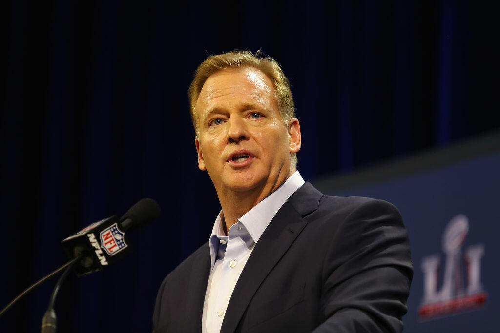 HOUSTON, TX - FEBRUARY 01:  NFL Commissioner Roger Goodell speaks with the media during a press conference for Super Bowl 51 at the George R. Brown Convention Center on February 1, 2017 in Houston, Texas.  (Photo by Tim Bradbury/Getty Images)