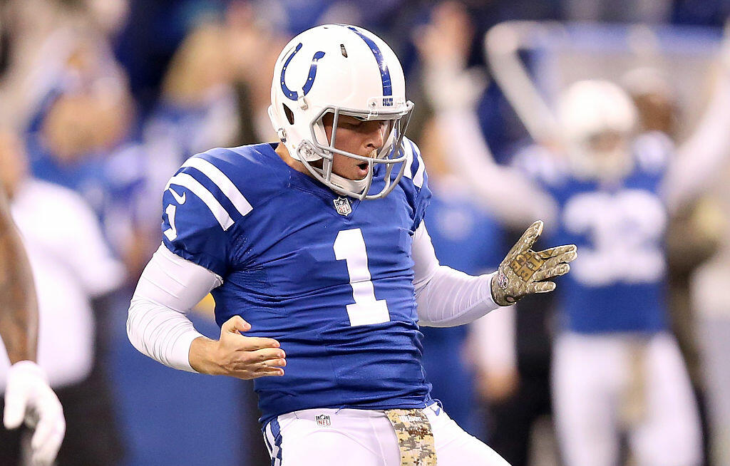 INDIANAPOLIS, IN - NOVEMBER 08:  Pat McAfee #1 of the Indianapolis Colts celebrates after the 55 yard field goal by Adam Vinatieri during the game against the Denver Broncos at Lucas Oil Stadium on November 8, 2015 in Indianapolis, Indiana.  (Photo by Andy Lyons/Getty Images)