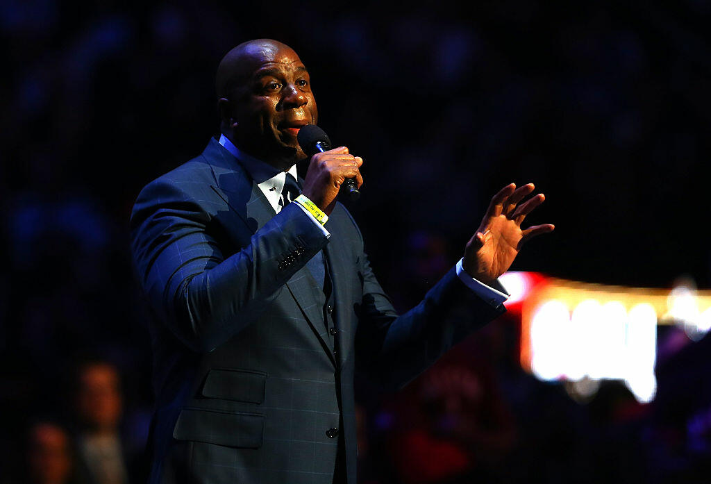 TORONTO, ON - FEBRUARY 14: Earvin Magic Johnson speaks about Kobe Bryant #24 of the Los Angeles Lakers and the Western Conference before the NBA All-Star Game 2016 at the Air Canada Centre on February 14, 2016 in Toronto, Ontario. NOTE TO USER: User expressly acknowledges and agrees that, by downloading and/or using this Photograph, user is consenting to the terms and conditions of the Getty Images License Agreement.  (Photo by Elsa/Getty Images)