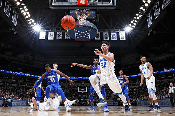 CINCINNATI, OH - FEBRUARY 01: Kaiser Gates #22 of the Xavier Musketeers goes for a rebound against Michael Nzei #1 and Angel Delgado #31 of the Seton Hall Pirates in the second half of the game at Cintas Center on February 1, 2017 in Cincinnati, Ohio. Xavier defeated Seton Hall 72-70. (Photo by Joe Robbins/Getty Images)