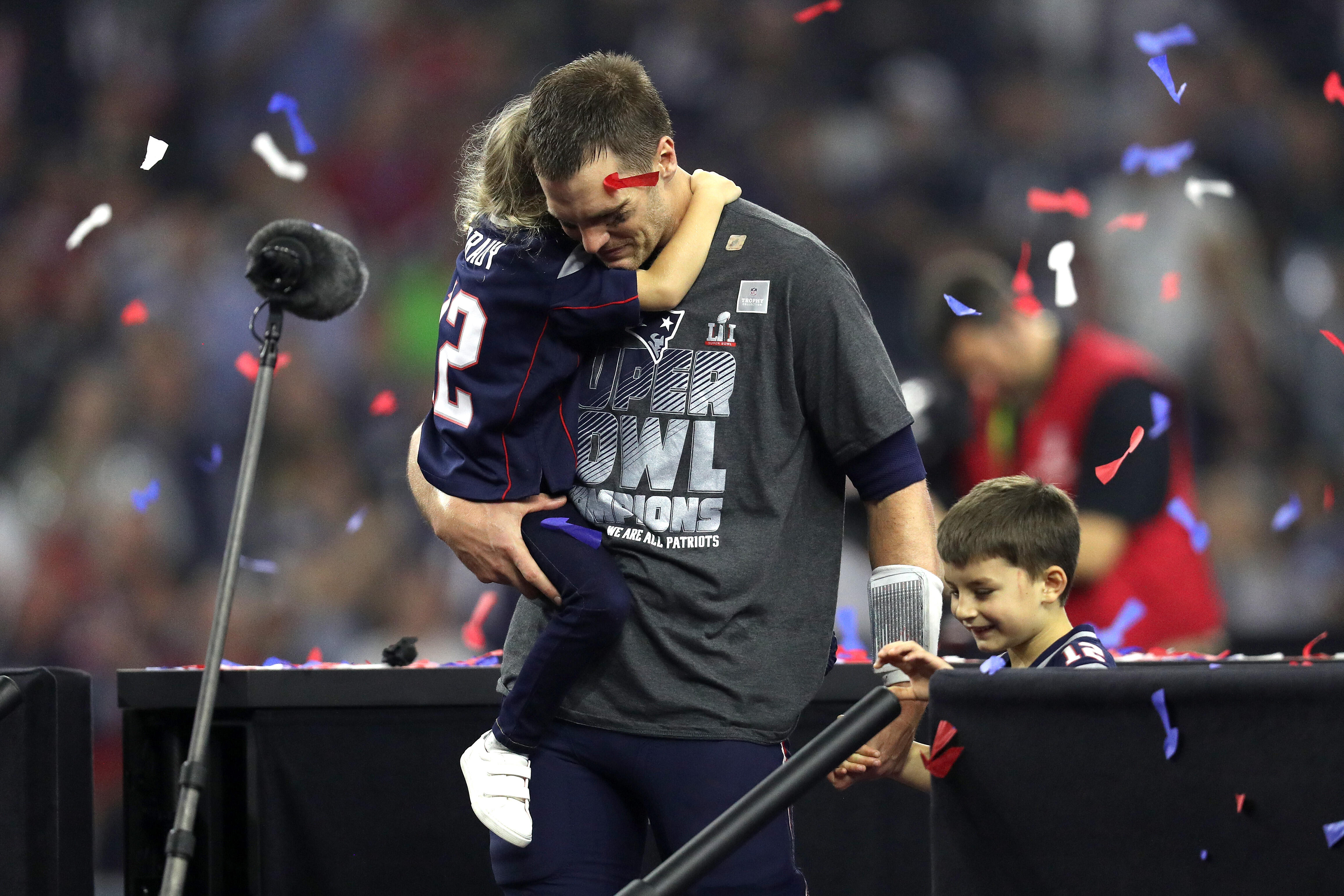 HOUSTON, TX - FEBRUARY 05: Tom Brady #12 of the New England Patriots celebrates with his children after defeating the Atlanta Falcons during Super Bowl 51 at NRG Stadium on February 5, 2017 in Houston, Texas. The Patriots defeated the Falcons 34-28. (Phot