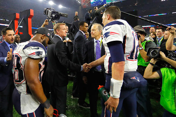 HOUSTON, TX - FEBRUARY 05:  NFL Commissioner Roger Goodell shakes hands with Tom Brady #12 of the New England Patriots after the Patriots defeat the Atlanta Falcons 34-28 in overtime of Super Bowl 51 at NRG Stadium on February 5, 2017 in Houston, Texas.  (Photo by Kevin C. Cox/Getty Images)