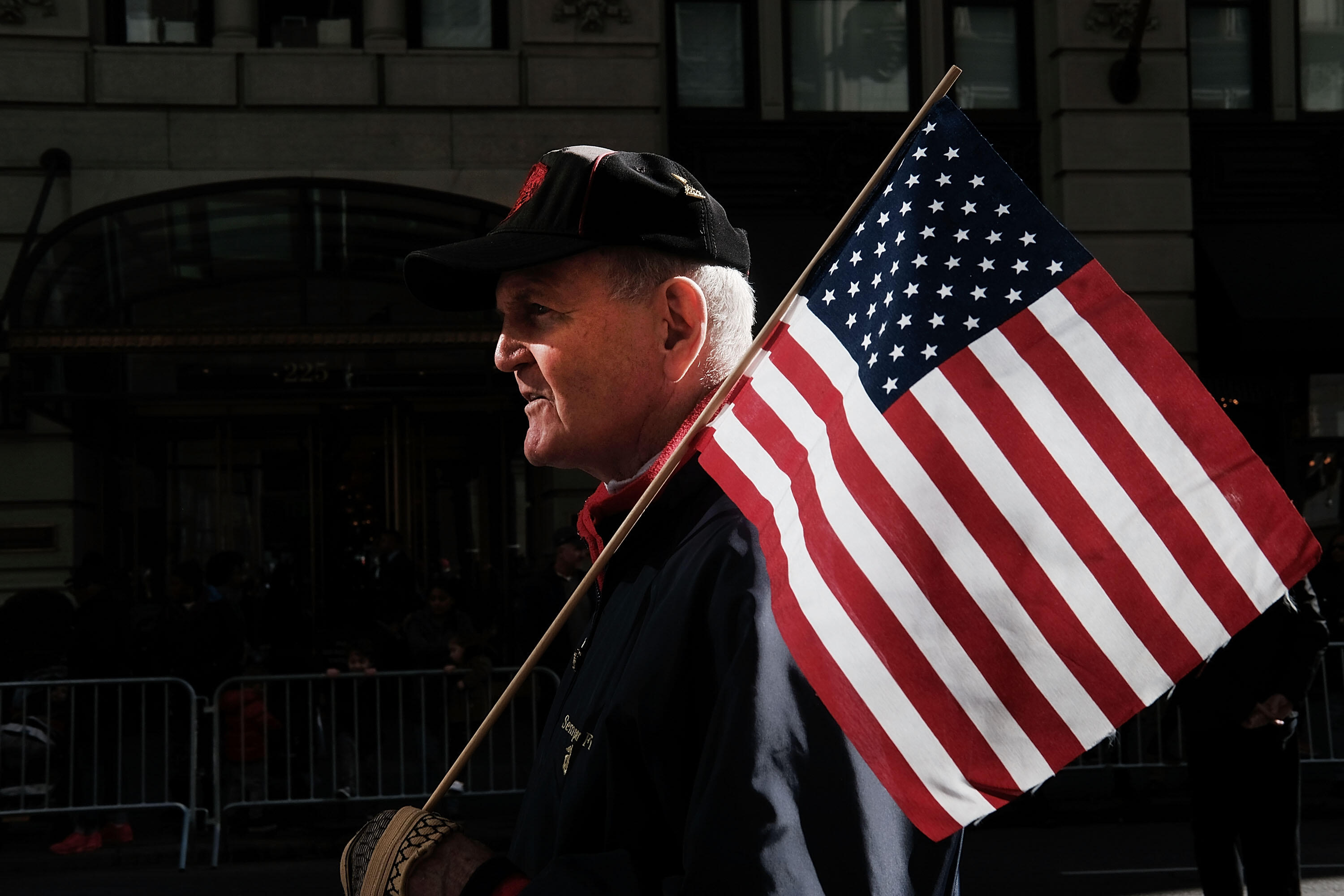 NEW YORK, NY - NOVEMBER 11:  A U.S. marine veteran marches in the nation's largest Veterans Day Parade in New York City on November 11, 2016 in New York City. Known as 'America's Parade' it features over 20,000 participants, including veterans of numerous