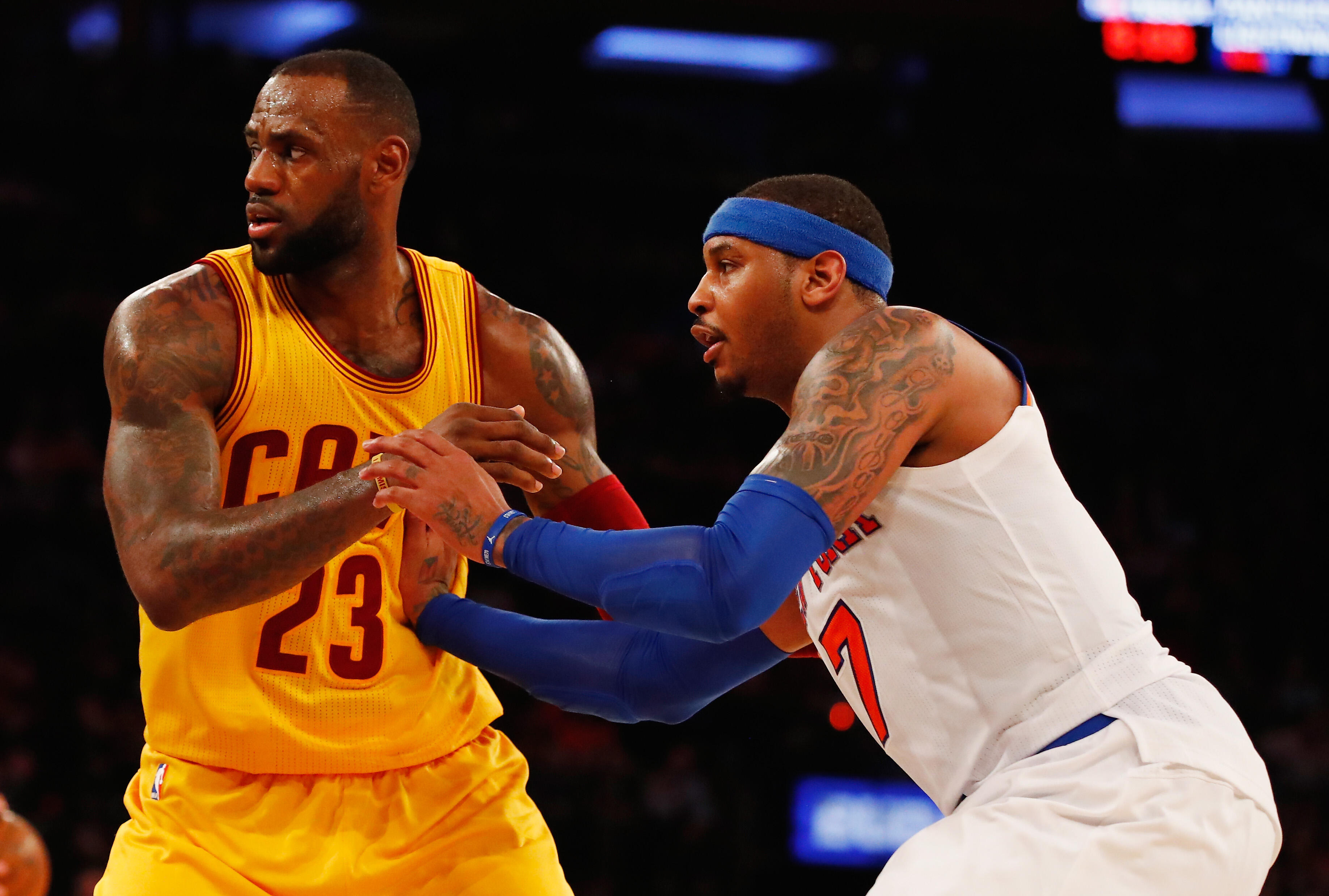 NEW YORK, NY - MARCH 26:  Carmelo Anthony #7 of the New York Knicks and LeBron James #23 of the Cleveland Cavaliers battle for position during their game at Madison Square Garden on March 26, 2016 in New York City.  NOTE TO USER: User expressly acknowledg