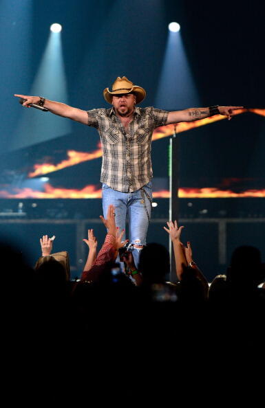 ROANOKE, VA - MAY 01:  Jason Aldean performs during the opening night of his 2014 Burn It Down Tour at the Roanoke Civic Center on May 1, 2014 in Roanoke, Virginia.  (Photo by Grant Halverson/Getty Images)