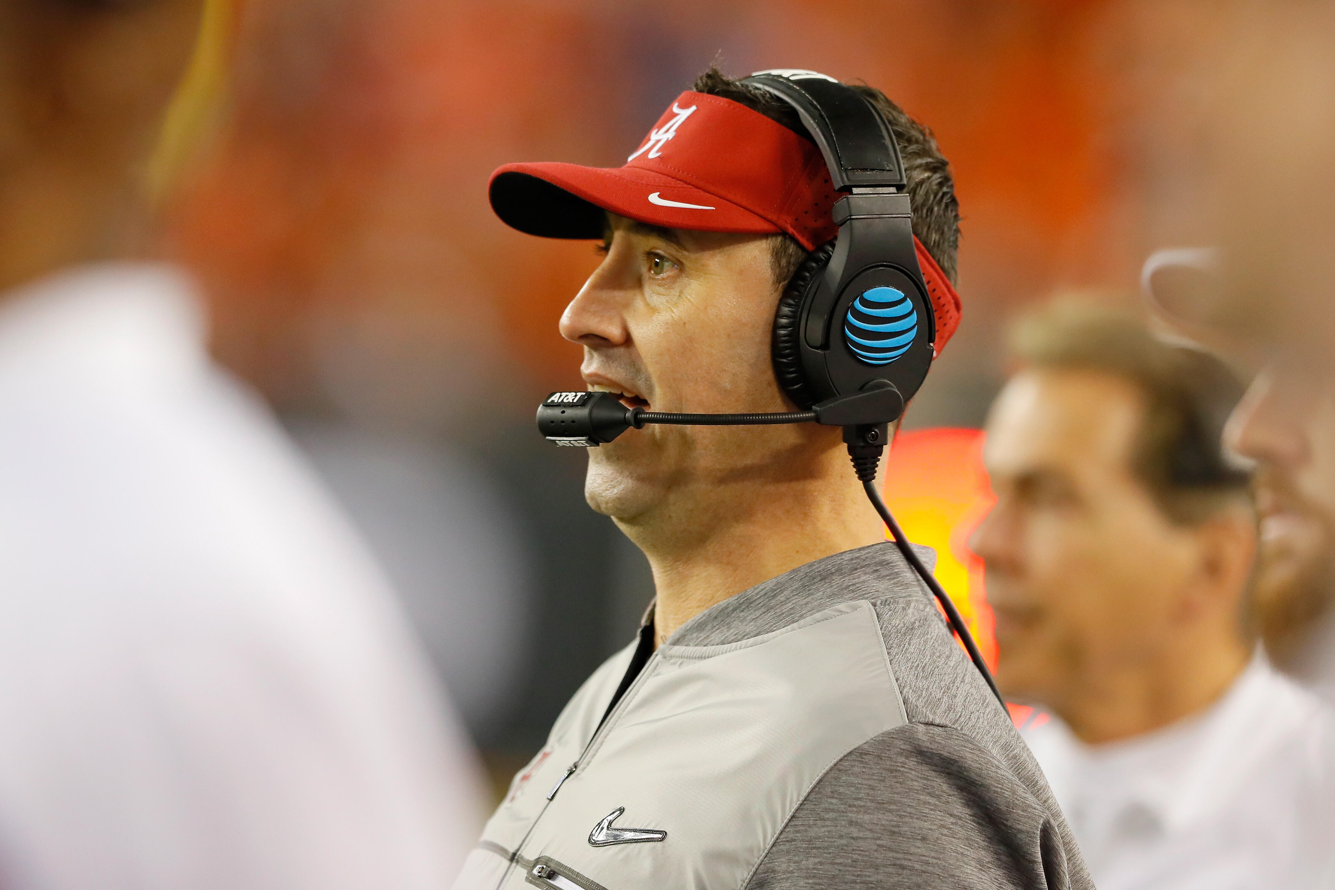 TAMPA, FL - JANUARY 09:  Offensive coordinator Steve Sarkisian of the Alabama Crimson Tide looks on during the second half of the 2017 College Football Playoff National Championship Game against the Clemson Tigers at Raymond James Stadium on January 9, 20