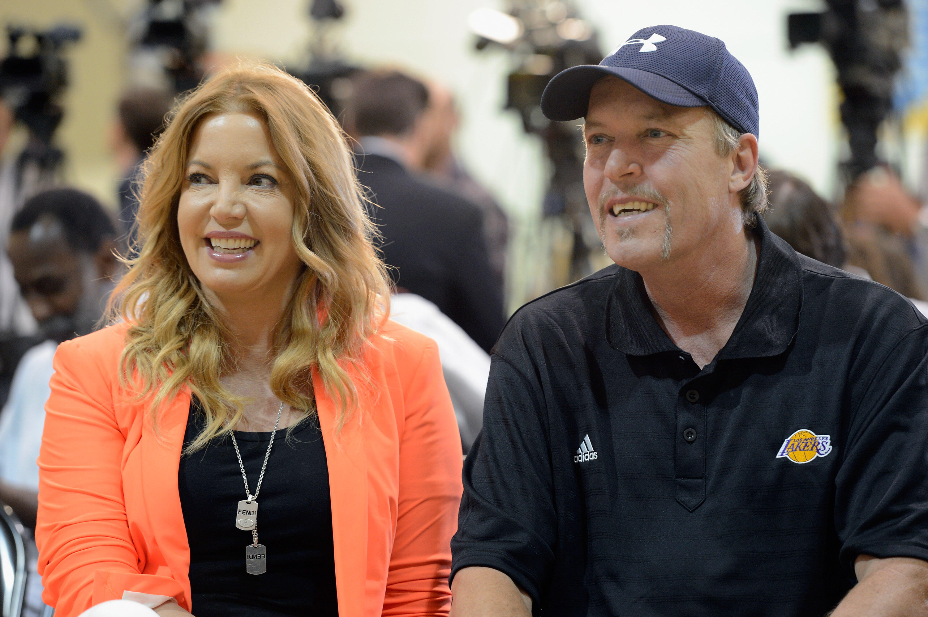 EL SEGUNDO, CA - AUGUST 10:  Jim Buss and his sister Jeanie Buss of the Los Angeles lakers attend a news conference where Dwight Howard was introduced as the newest member of the team at the Toyota Sports Center on August 10, 2012 in El Segundo, Californi