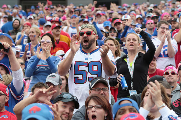 BUFFALO, NY - OCTOBER 16:  Fans celebrate after the Justin Hunter #17 of the Buffalo Bills touchdown against th San Francisco 49ers during the second half at New Era Field on October 16, 2016 in Buffalo, New York.  (Photo by Michael Adamucci/Getty Images)