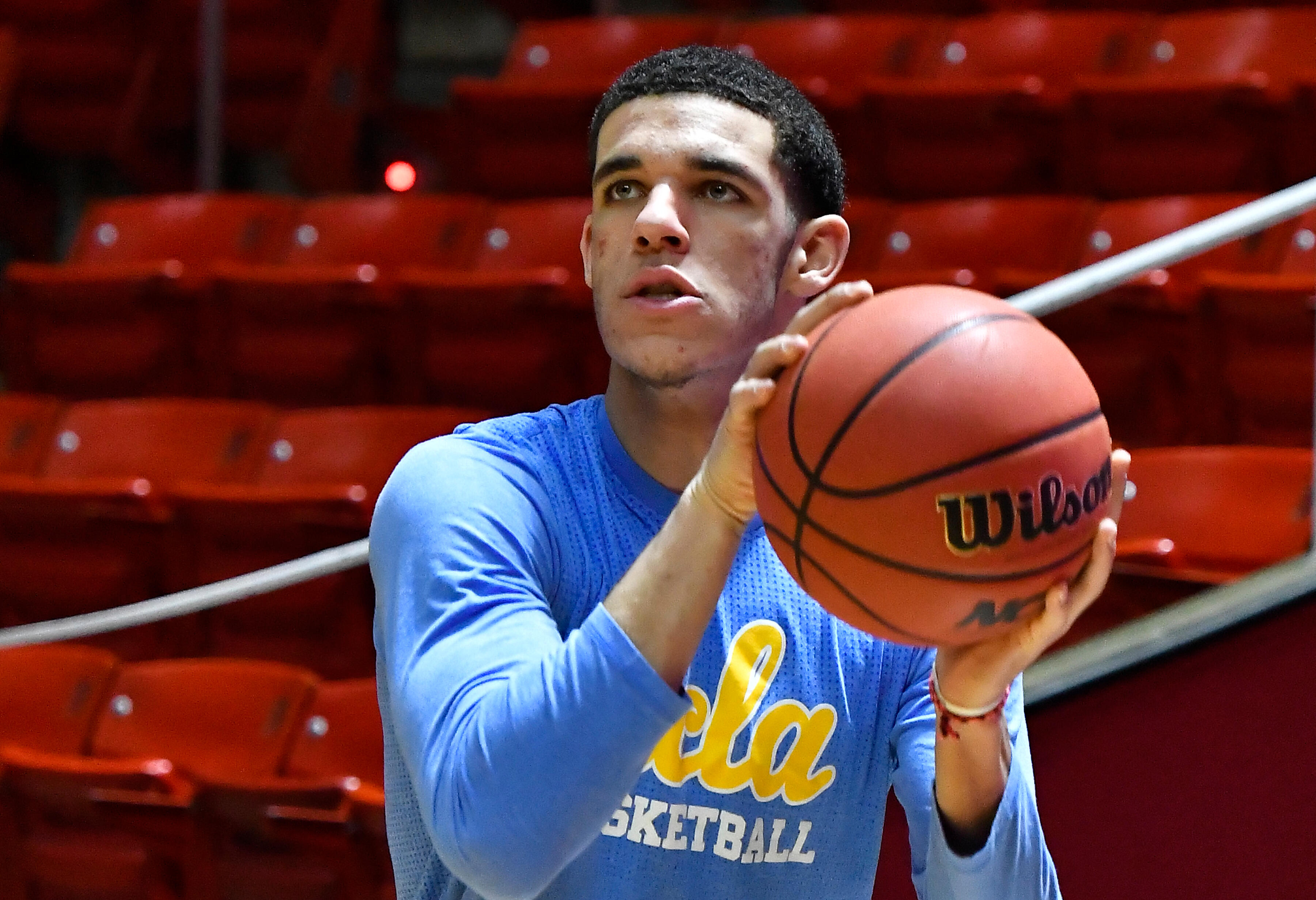 SALT LAKE CITY, UT - JANUARY 14: Lonzo Ball #2 of the UCLA Bruins practices his shooting before their game against the Utah Utes at the Jon M. Huntsman Center on January 14, 2017 in Salt Lake City, Utah. (Photo by Gene Sweeney Jr/Getty Images)