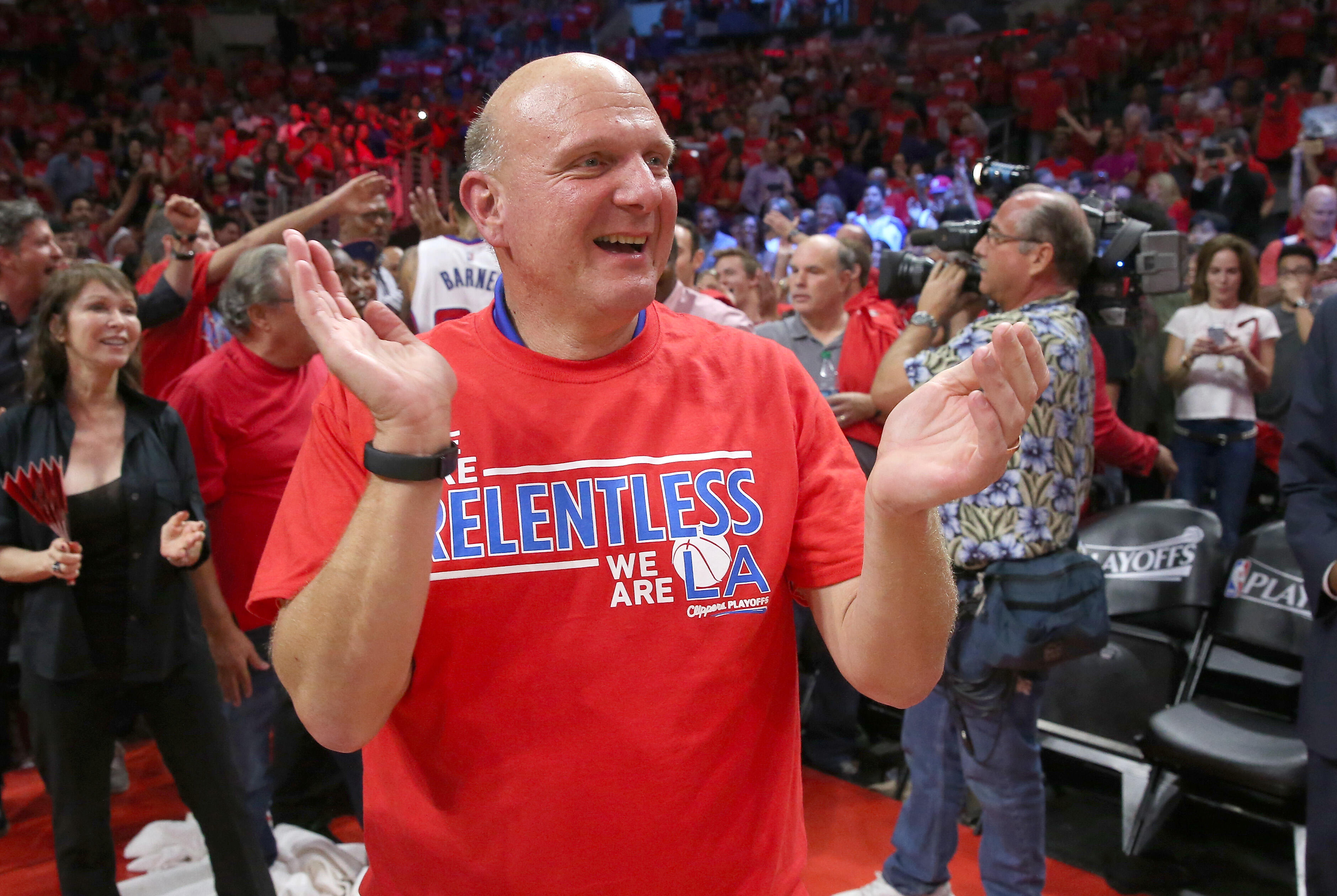 LOS ANGELES, CA - MAY 02:  Owner Steve Ballmer of the Los Angeles Clippers celebrates after the Clippers defeated the San Antonio Spurs in Game Seven of the Western Conference quarterfinals of the 2015 NBA Playoffs at Staples Center on May 2, 2015 in Los 
