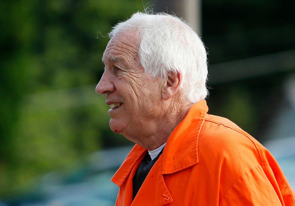 BELLEFONTE, PA - AUGUST 12:  Jerry Sandusky enters the Centre County Courthouse to appeal his child sex abuse conviction on August 12, 2016 in Bellefonte, Pennsylvania. Sandusky was facing a prison sentence for his conviction in June, 2012 on 45 counts of child sexual abuse, including while he was the defensive coordinator for the Penn State college football team. (Photo by Justin K. Aller/Getty Images)