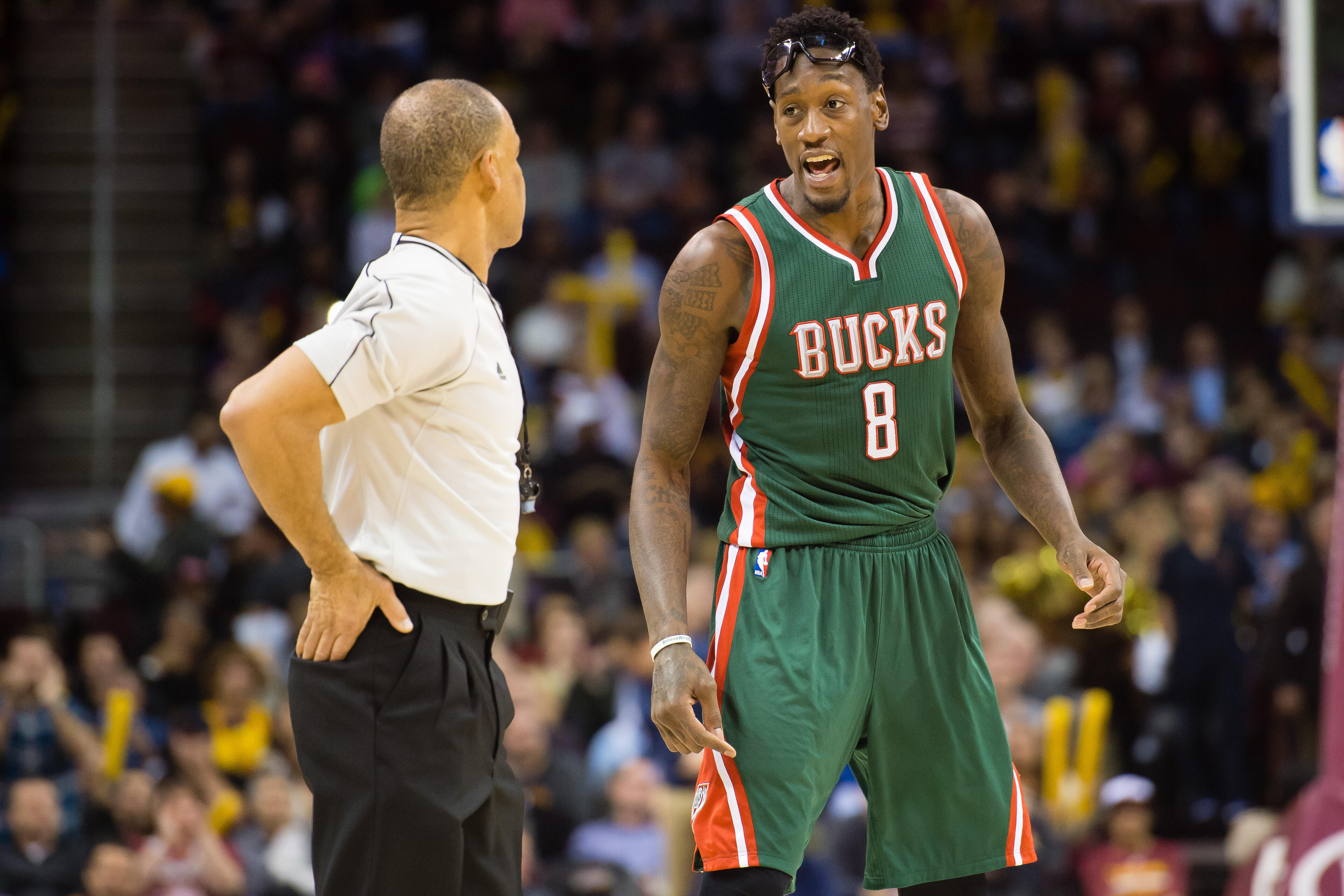 CLEVELAND, OH - DECEMBER 2: Official Danny Crawford listens to Larry Sanders #8 of the Milwaukee Bucks complain after he was called for a technical foul during the second half against the Cleveland Cavaliers at Quicken Loans Arena on December 2, 2014 in C