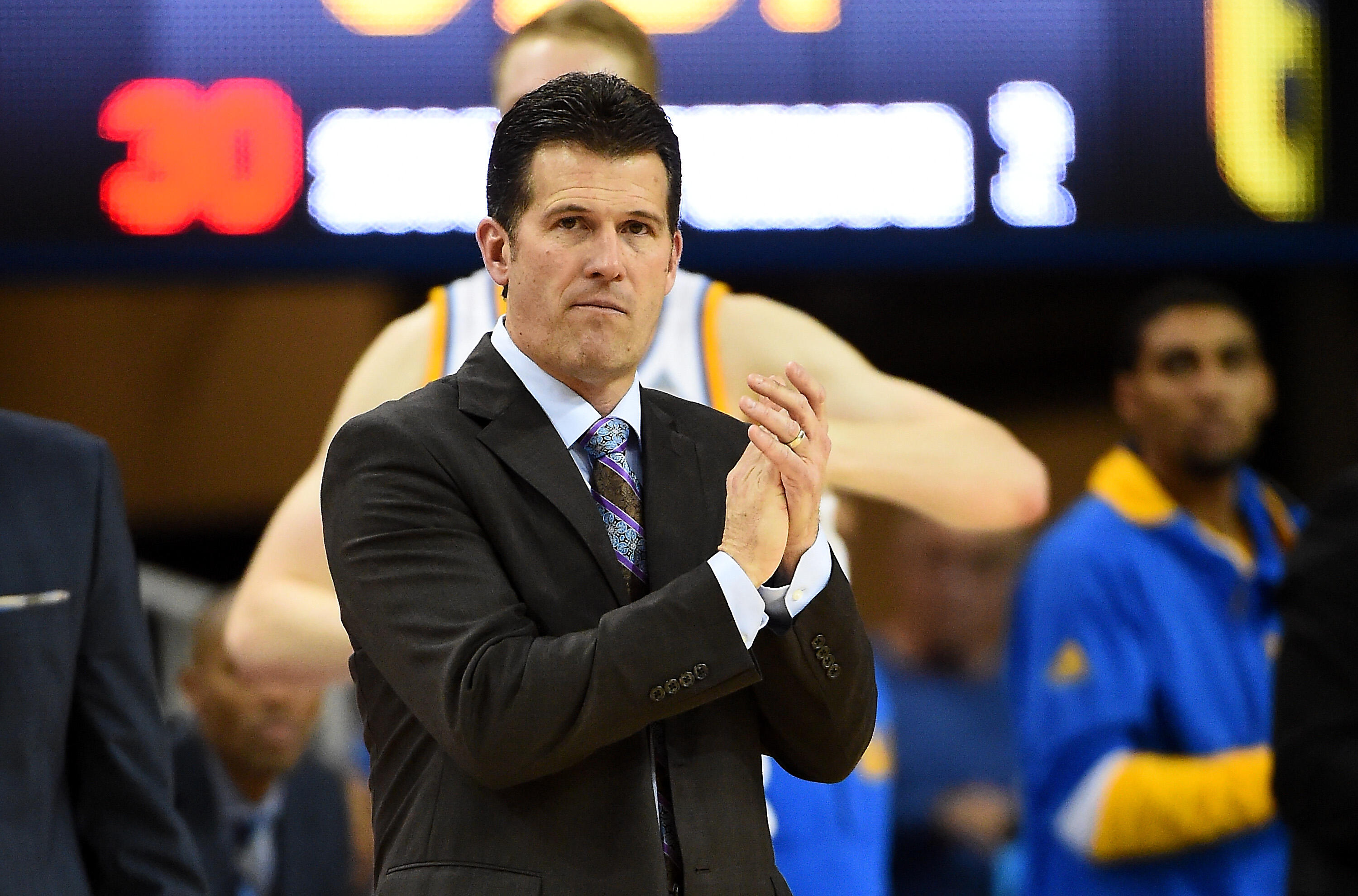 LOS ANGELES, CA - JANUARY 19:  Head coach Steve Alford of the UCLA Bruins applauds during a timeout in the game against the Arizona State Sun Devils  at Pauley Pavilion on January 19, 2017 in Los Angeles, California.  (Photo by Jayne Kamin-Oncea/Getty Ima