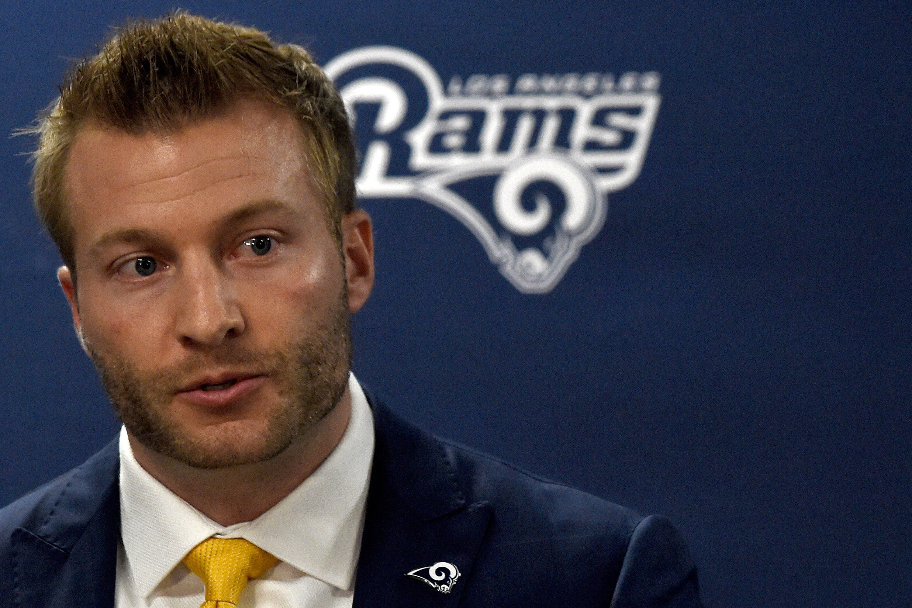 THOUSAND OAKS, CA - JANUARY 13:  The Los Angeles Rams announce today in a press conference the hiring of new head coach Sean McVay on January 13, 2017 in Thousand Oaks, California. McVay is the youngest head coach in NFL history.  (Photo by Lisa Blumenfel