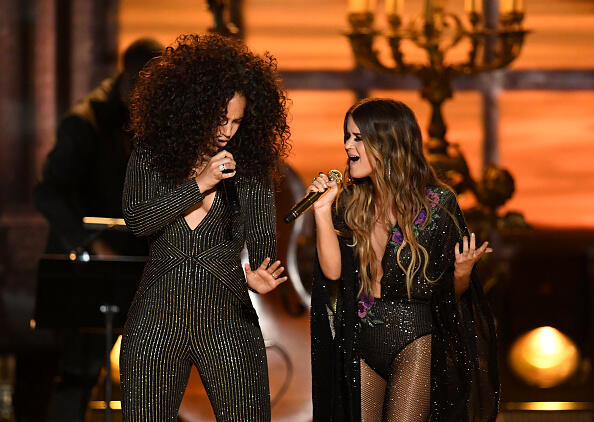 LOS ANGELES, CA - FEBRUARY 12:  Recording artists Alicia Keys (L) and Maren Morris perform onstage during The 59th GRAMMY Awards at STAPLES Center on February 12, 2017 in Los Angeles, California.  (Photo by Kevin Winter/Getty Images for NARAS)