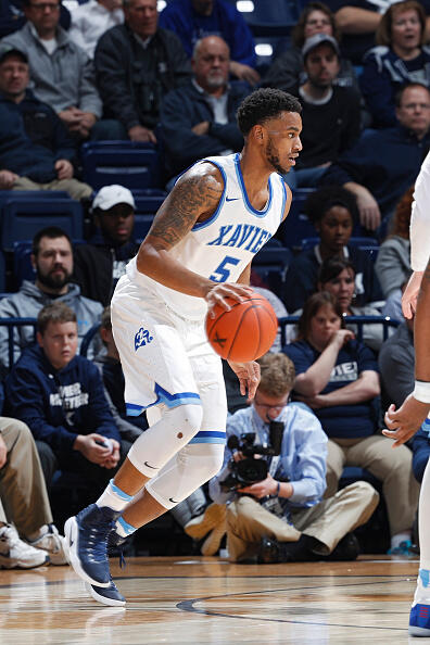 CINCINNATI, OH - FEBRUARY 01: Trevon Bluiett #5 of the Xavier Musketeers handles the ball against the Seton Hall Pirates during the game at Cintas Center on February 1, 2017 in Cincinnati, Ohio. Xavier defeated Seton Hall 72-70. (Photo by Joe Robbins/Getty Images)