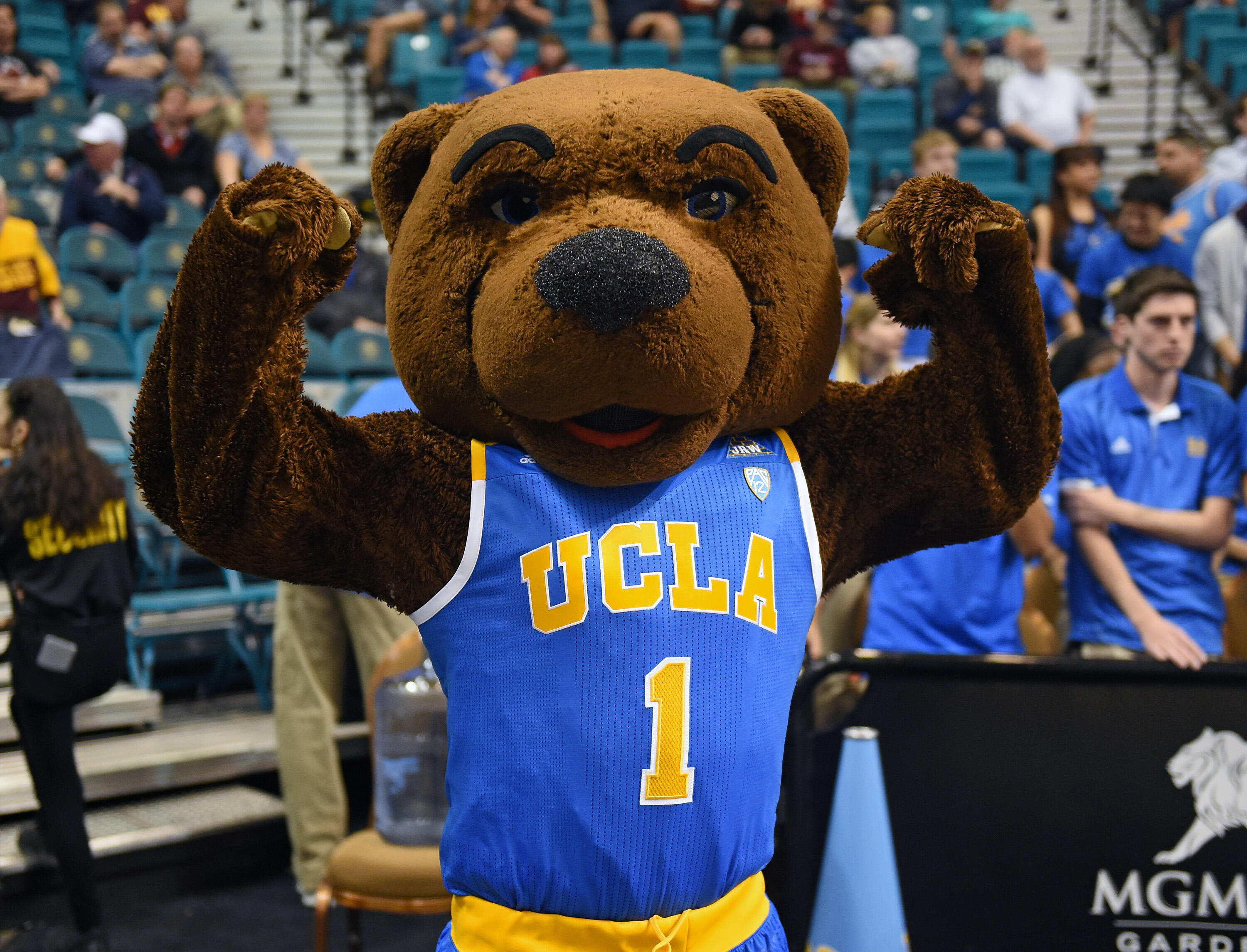 LAS VEGAS, NV - MARCH 09:  UCLA Bruins mascot Joe Bruin poses on the court before the team's first-round game of the Pac-12 Basketball Tournament against the USC Trojans at MGM Grand Garden Arena on March 9, 2016 in Las Vegas, Nevada. USC won 95-71.  (Pho
