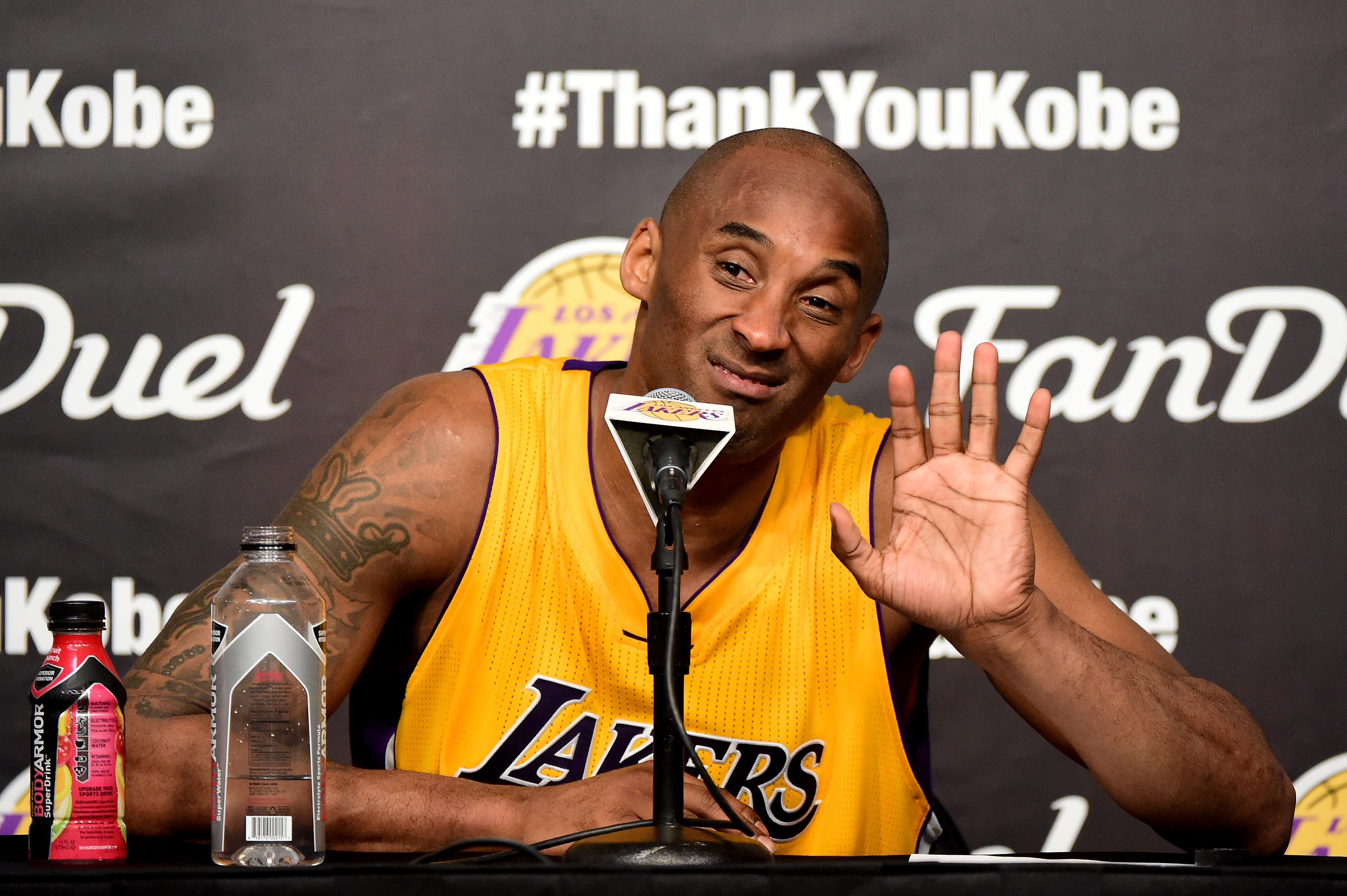 LOS ANGELES, CA - APRIL 13:  Kobe Bryant #24 of the Los Angeles Lakers address the media during the post game news conference after scoring 60 point in his final NBA game at Staples Center on April 13, 2016 in Los Angeles, California. NOTE TO USER: User e