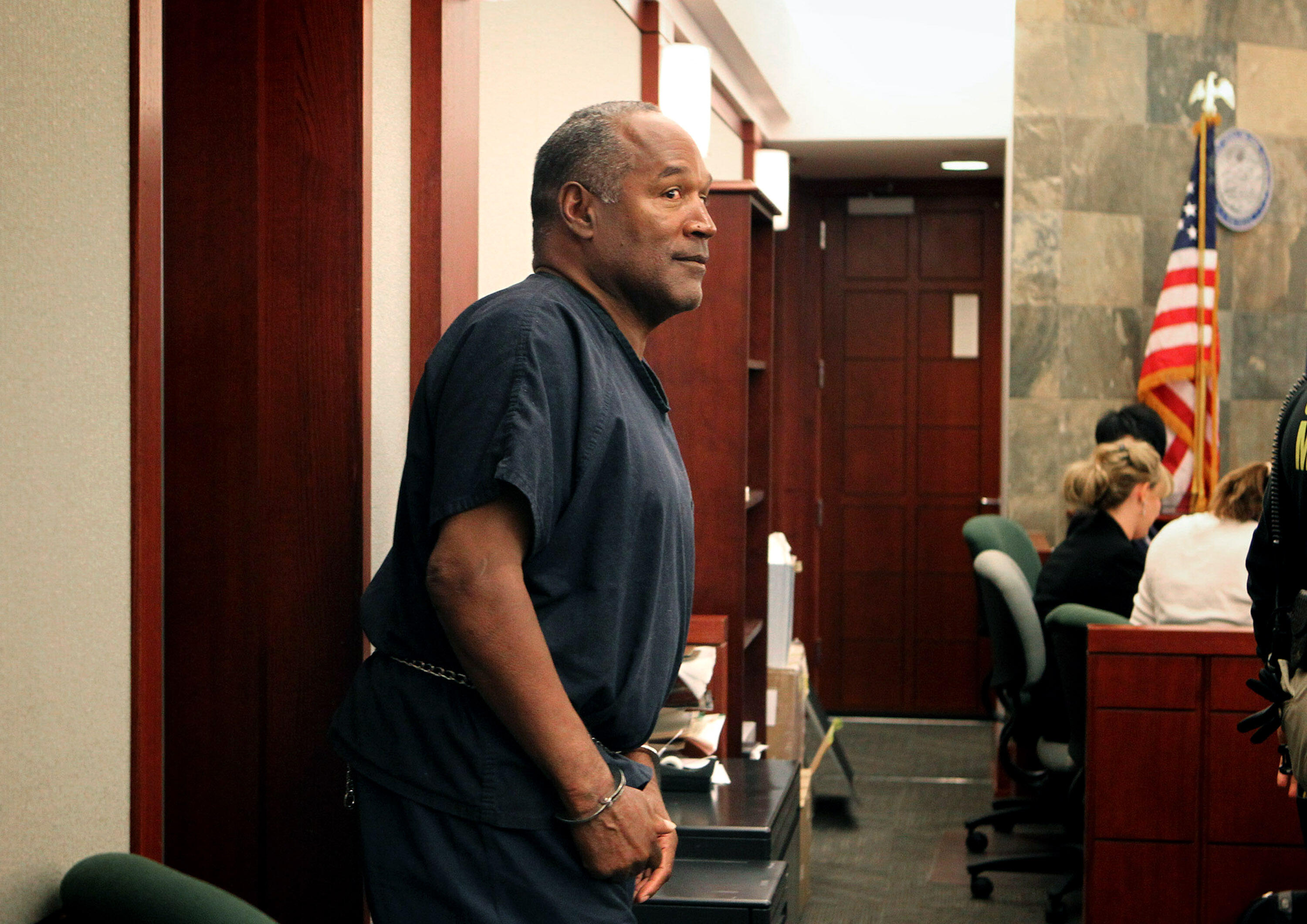 LAS VEGAS, NV - MAY 15:  O.J. Simpson arrives after a lunch break during an evidentiary hearing in Clark County District Court May 15, 2013 in Las Vegas, Nevada. Simpson, who is currently serving a nine to 33-year sentence in state prison as a result of h