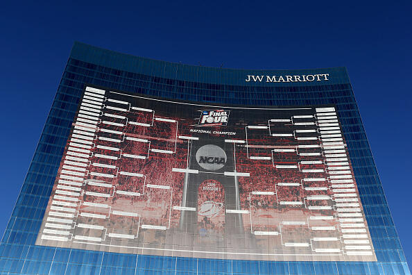 INDIANAPOLIS, IN - APRIL 01:  A 165-foot tall NCAA Men's Basketball Tournament bracket is seen on the JW Marriott Indianapolis leading up to the 2015 Final Four at Lucas Oil Stadium on April 1, 2015 in Indianapolis, Indiana. The bracket is 44,000 square-feet. (Photo by Streeter Lecka/Getty Images)