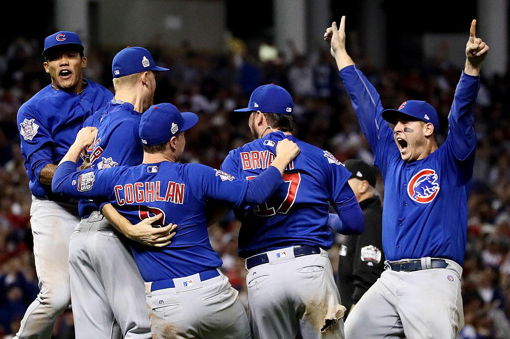 CLEVELAND, OH - NOVEMBER 02:  Anthony Rizzo #44 of the Chicago Cubs celebrate with his teammates after defeating the Cleveland Indians 8-7 in Game Seven of the 2016 World Series at Progressive Field on November 2, 2016 in Cleveland, Ohio. The Cubs win their first World Series in 108 years.  (Photo by Ezra Shaw/Getty Images)