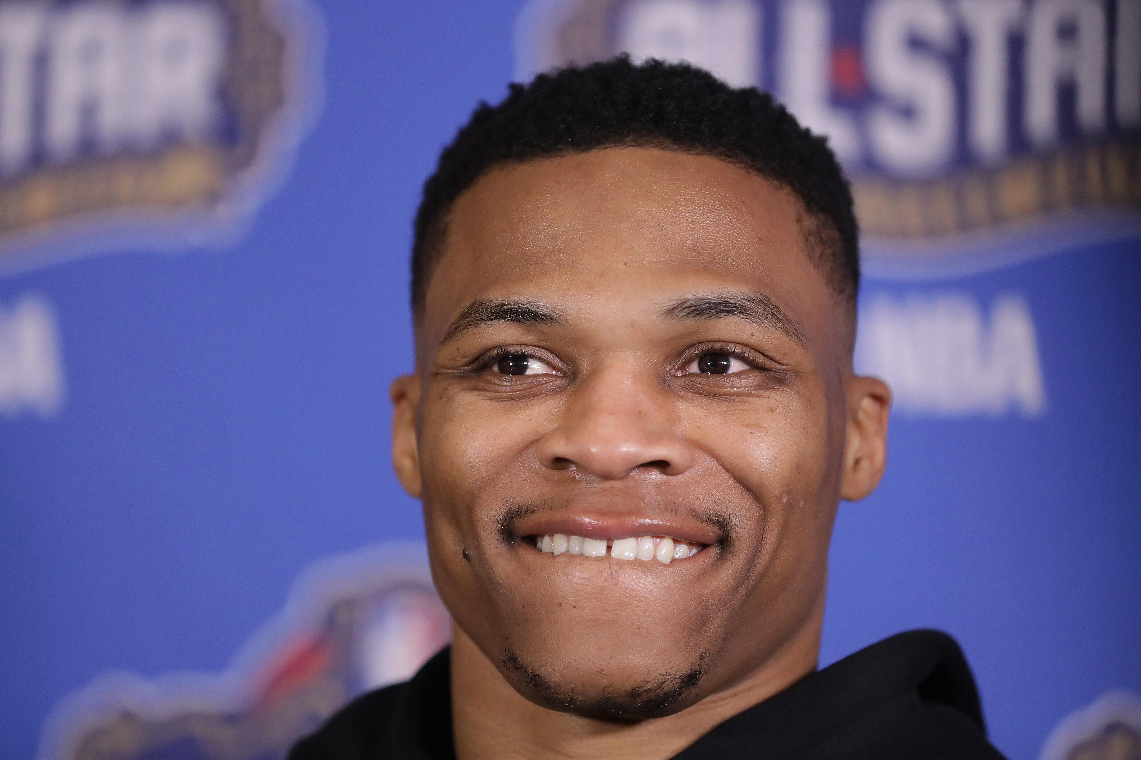 NEW ORLEANS, LA - FEBRUARY 17:  Russell Westbrook #0 of the Oklahoma City Thunder speaks with the media during media availability for the 2017 NBA All-Star Game at The Ritz-Carlton New Orleans on February 17, 2017 in New Orleans, Louisiana.  (Photo by Ron