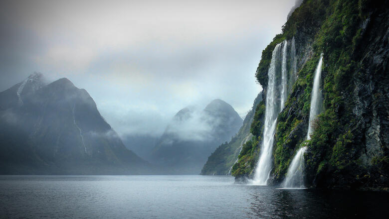 Beautiful waterfalls on a cloudy day in the Sounds