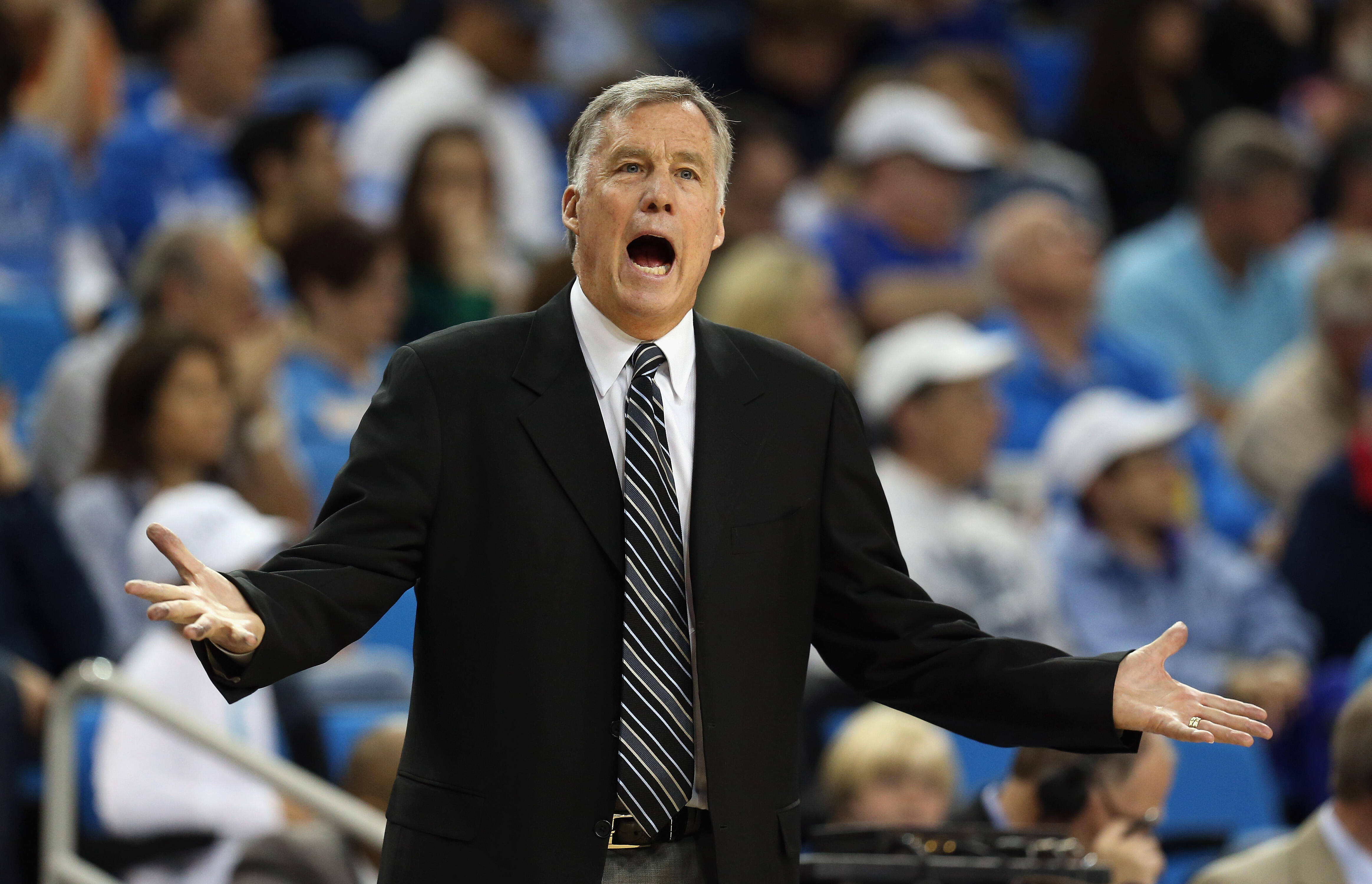 LOS ANGELES, CA - JANUARY 26:  California Golden Bears head coach Mike Montgomery argues with an official in the second half against the UCLA Bruins at Pauley Pavilion on January 26, 2014 in Los Angeles, California. UCLA defeated Cal 76-64. (Photo by Jeff