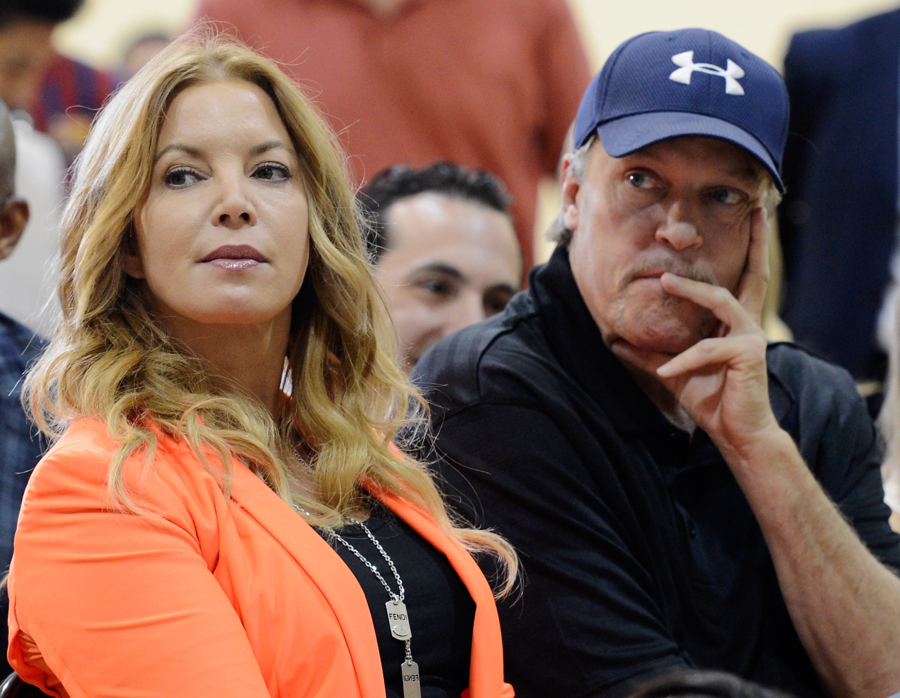 EL SEGUNDO, CA - AUGUST 10:  Jim Buss and his sister Jeanie Buss of the Los Angeles Lakers attend a news conference where Dwight Howard was introduced as the newest member of the team at the Toyota Sports Center on August 10, 2012 in El Segundo, Californi