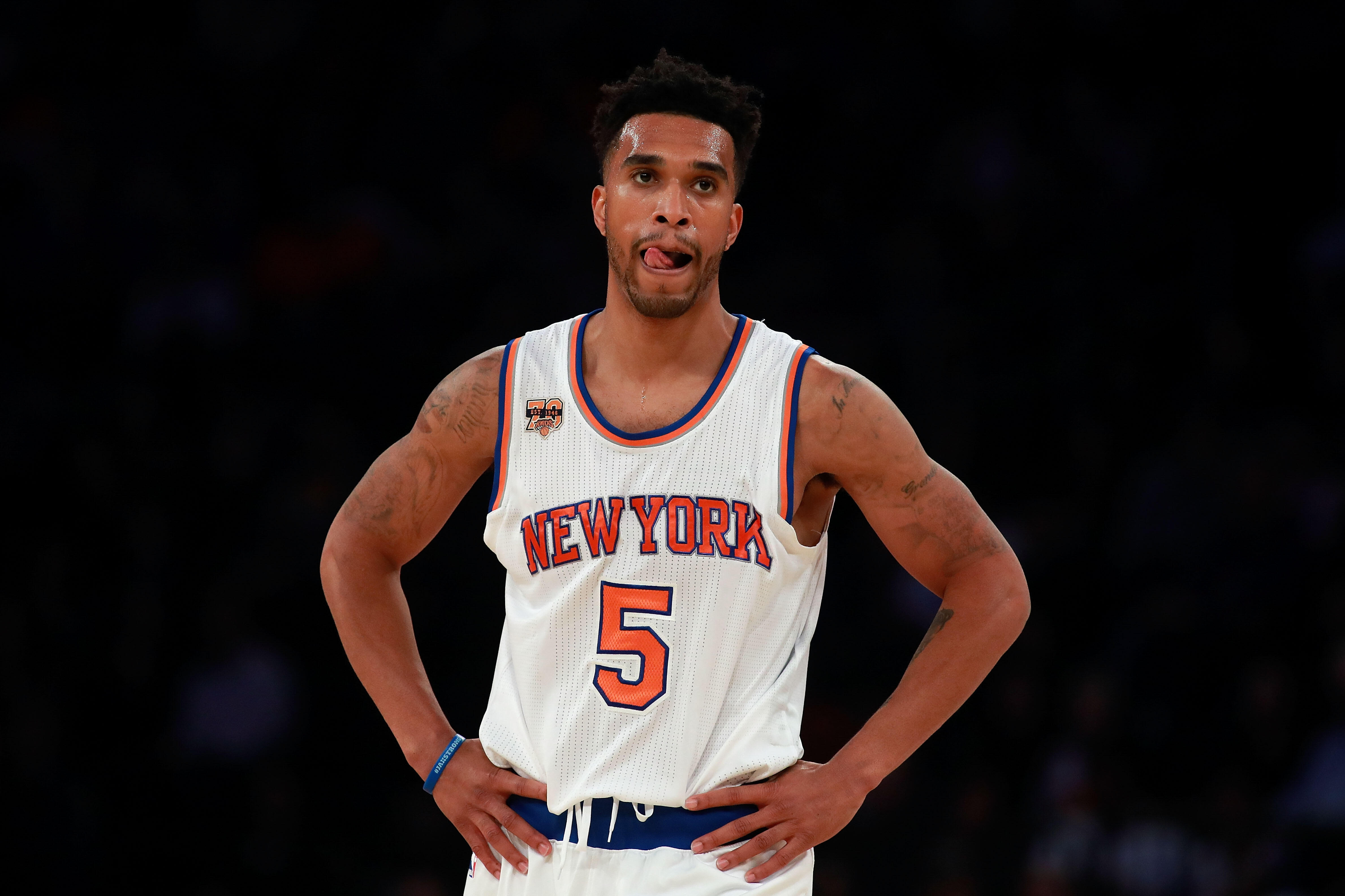 NEW YORK, NY - OCTOBER 29:  Courtney Lee #5 of the New York Knicks looks on against the Memphis Grizzlies during the first half at Madison Square Garden on October 29, 2016 in New York City. NOTE TO USER: User expressly acknowledges and agrees that, by do