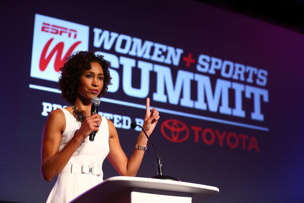 DANA POINT, CA - OCTOBER 09:  Sage Steele speaks onstage at the 2013 espnW: Women + Sports Summit at St. Regis Monarch Beach Resort on October 9, 2013 in Dana Point, California.  (Photo by Joe Scarnici/Getty Images)