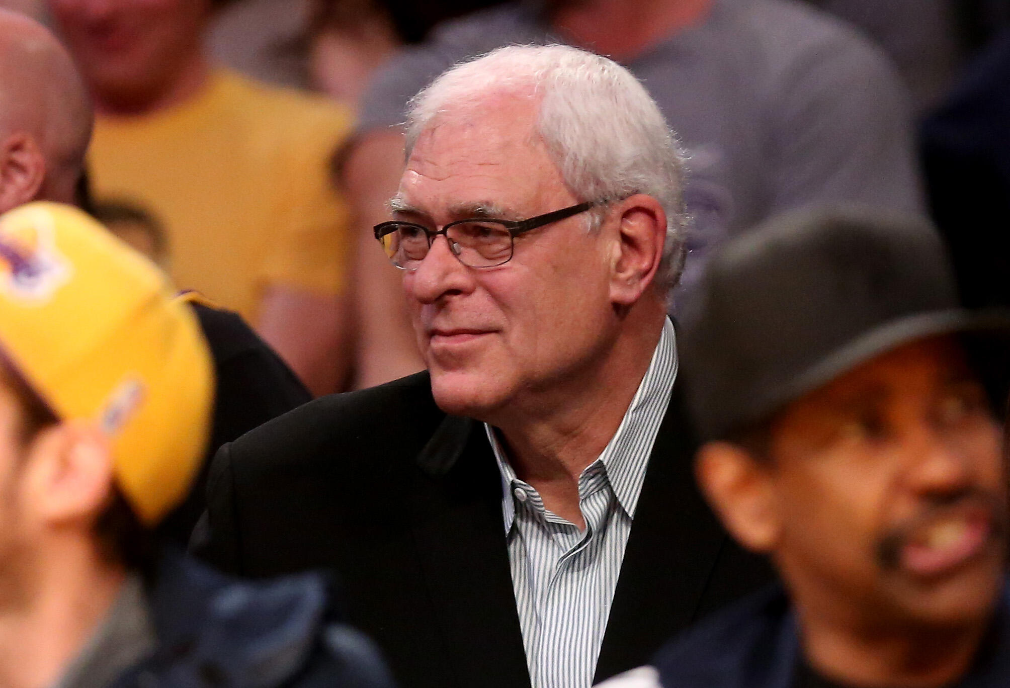 LOS ANGELES, CA - MARCH 12:   New York Knicks president Phil Jackson watches from the stands as his team plays the Los Angeles Lakers at Staples Center on March 12, 2015 in Los Angeles, California.   The Knicks won 101-94.  NOTE TO USER: User expressly ac