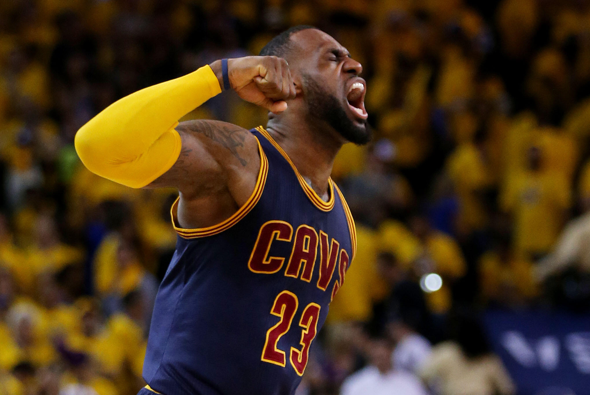 OAKLAND, CA - JUNE 07:  LeBron James #23 of the Cleveland Cavaliers celebrates their 95 to 93 win over the Golden State Warriors in overtime  during Game Two of the 2015 NBA Finals at ORACLE Arena on June 7, 2015 in Oakland, California. NOTE TO USER: User