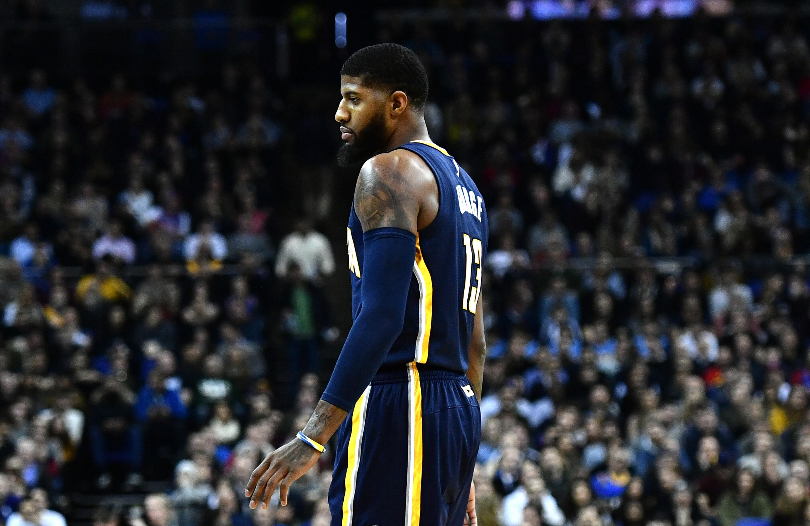 LONDON, ENGLAND - JANUARY 12:  Paul George #13 of the Indiana Pacers in action during the NBA match between Indiana Pacers and Denver Nuggets at the O2 Arena on January 12, 2017 in London, England.  (Photo by Dan Mullan/Getty Images)