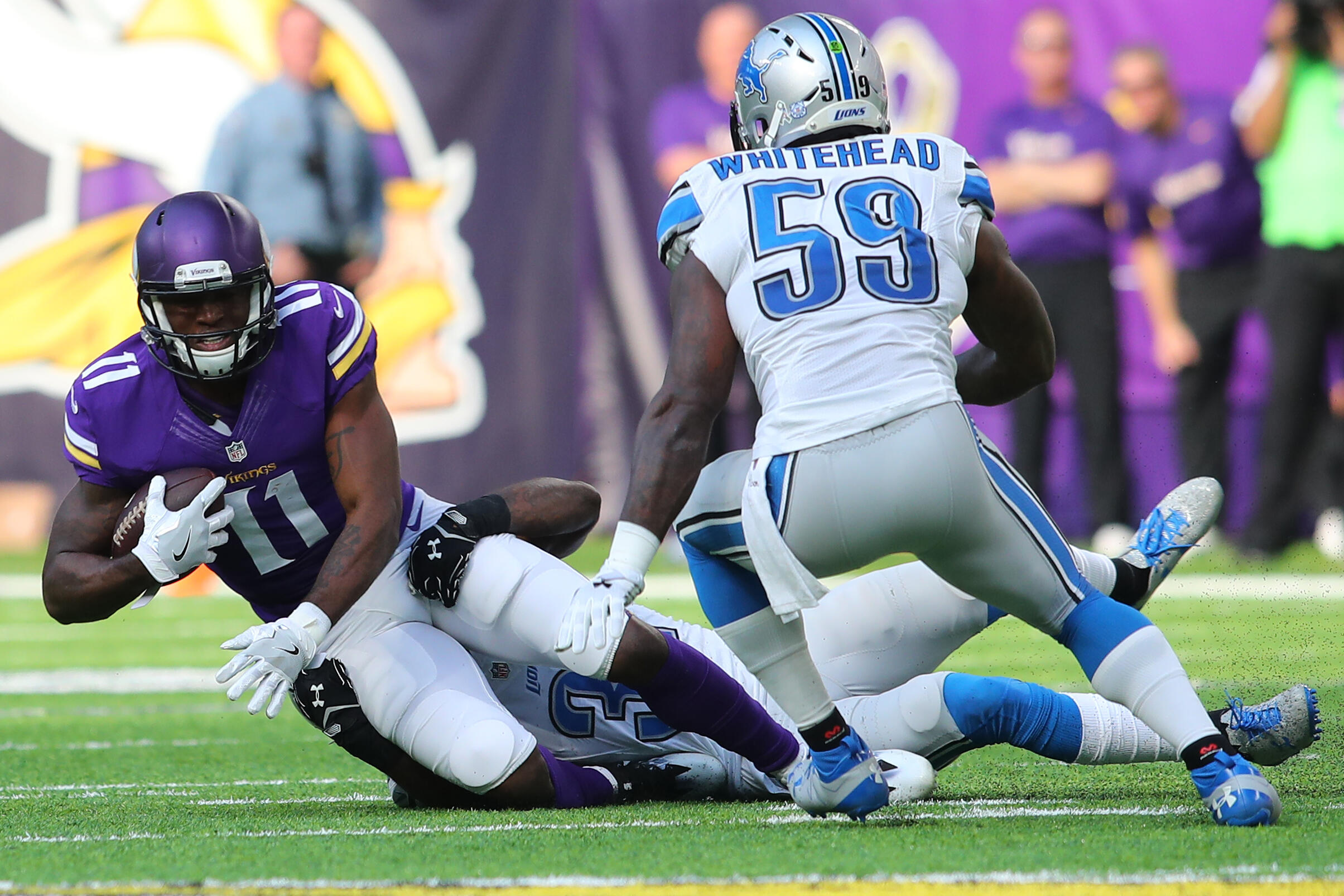 MINNEAPOLIS, MN - NOVEMBER 6: Laquon Treadwell #11 of the Minnesota Vikings is tackled by Tavon Wilson #32 of the Detroit Lions after a reception during the first half of the game on November 6, 2016 at US Bank Stadium in Minneapolis, Minnesota. (Photo by