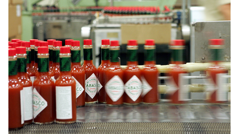 A line of bottles of McIlhenny Tabasco S