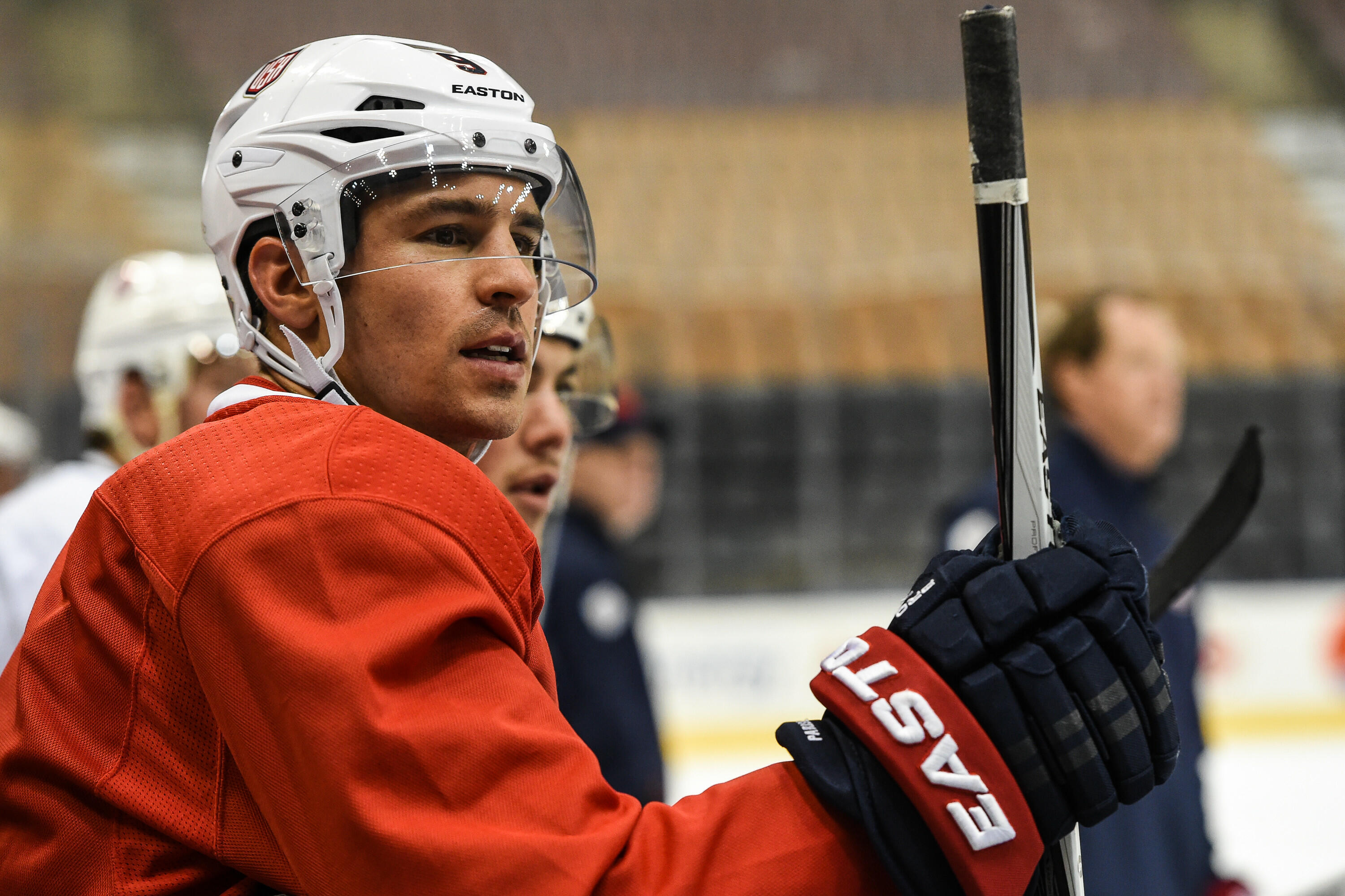 TORONTO, ON - SEPTEMBER 16:  Zach Parise #9 of Team USA looks on during practice at the World Cup of Hockey 2016 at Air Canada Centre on September 16, 2016 in Toronto, Ontario, Canada.  (Photo by Minas Panagiotakis/Getty Images) 
