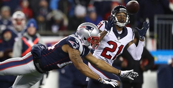 FOXBORO, MA - JANUARY 14:  A.J. Bouye #21 of the Houston Texans intercepts a pass in the second quarter against the New England Patriots during the AFC Divisional Playoff Game at Gillette Stadium on January 14, 2017 in Foxboro, Massachusetts.  (Photo by E