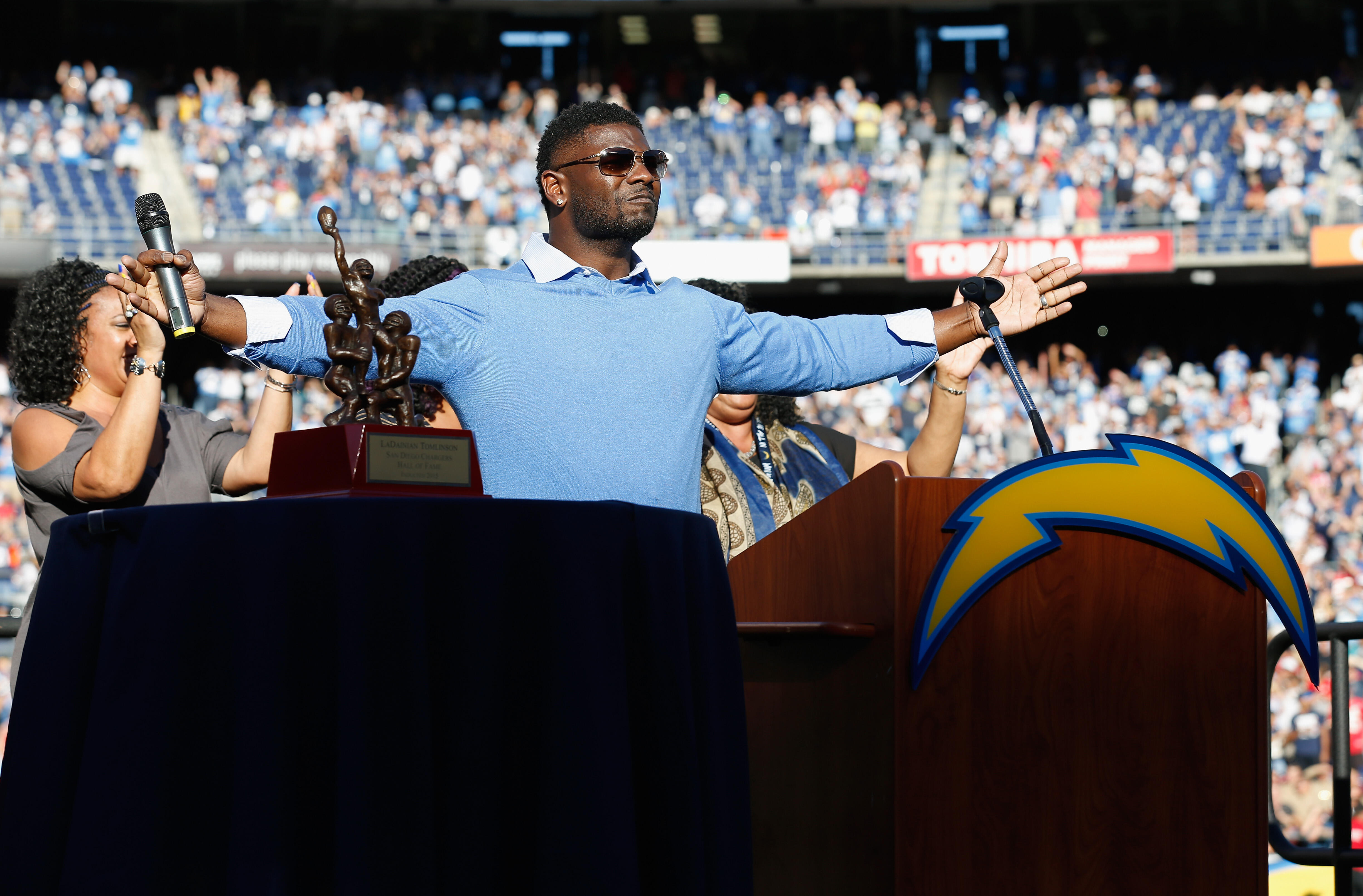 SAN DIEGO, CA - NOVEMBER 22: Former NFL Player LaDanian Tomlinson had his number retired by the San Diego Chargers during halftime of a game against the Kansas City Chiefs at Qualcomm Stadium on November 22, 2015 in San Diego, California. (Photo by Sean M