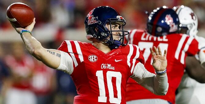 OXFORD, MS - OCTOBER 29:   Quarterback Chad Kelly #10 of the Mississippi Rebels throws a pass during the first half of an NCAA college football game against the Auburn Tigers on October 29, 2016 in Oxford, Mississippi. (Photo by Butch Dill/Getty Images)
