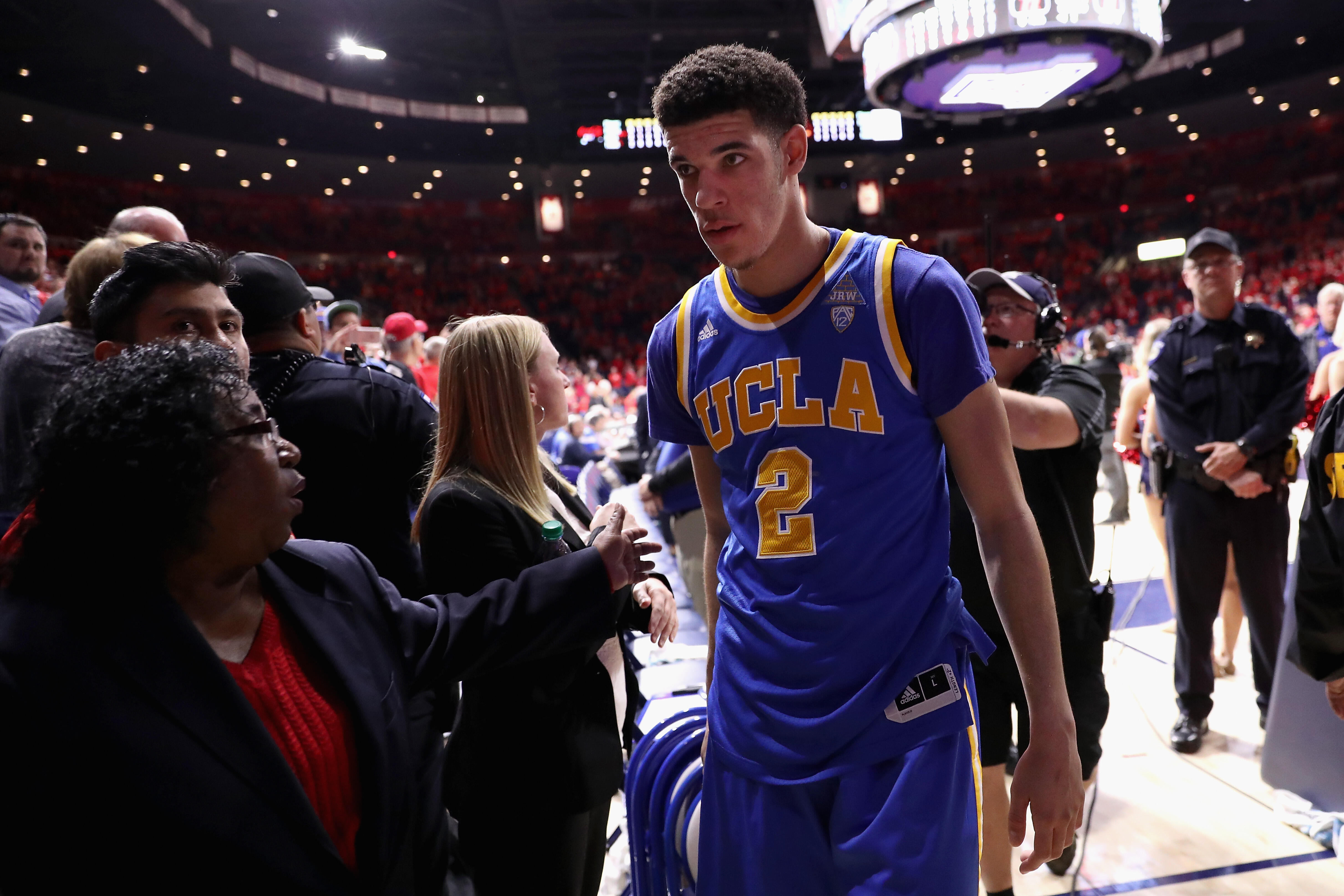 TUCSON, AZ - FEBRUARY 25:  Lonzo Ball #2 of the UCLA Bruins walks off the court after defeating the Arizona Wildcats in the college basketball game at McKale Center on February 25, 2017 in Tucson, Arizona. The Bruins defeated the Wildcats 77-72.  (Photo b