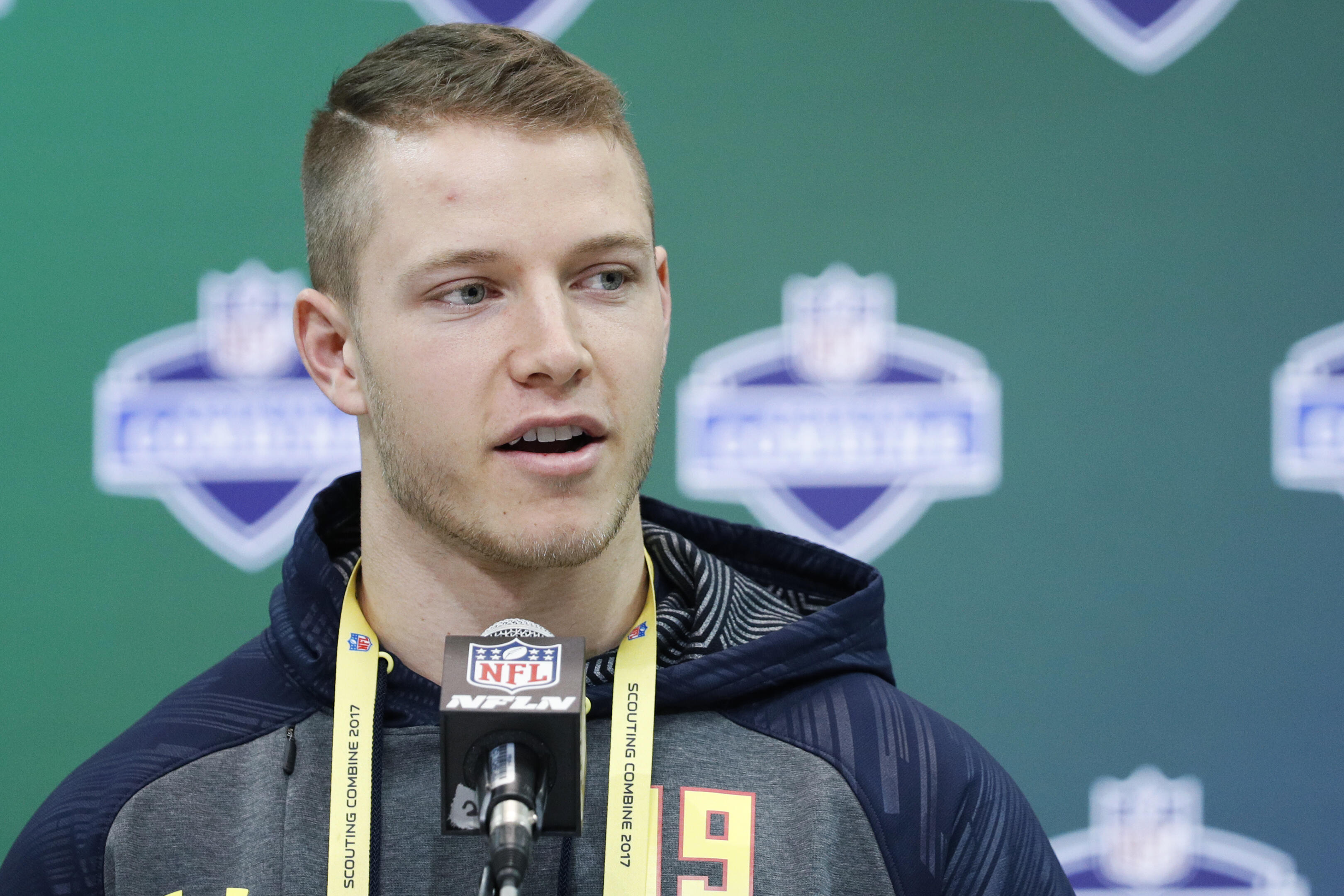 INDIANAPOLIS, IN - MARCH 02: Running back Christian McCaffrey of Stanford answers questions from the media on Day 2 of the NFL Combine at the Indiana Convention Center on March 2, 2017 in Indianapolis, Indiana. (Photo by Joe Robbins/Getty Images)
