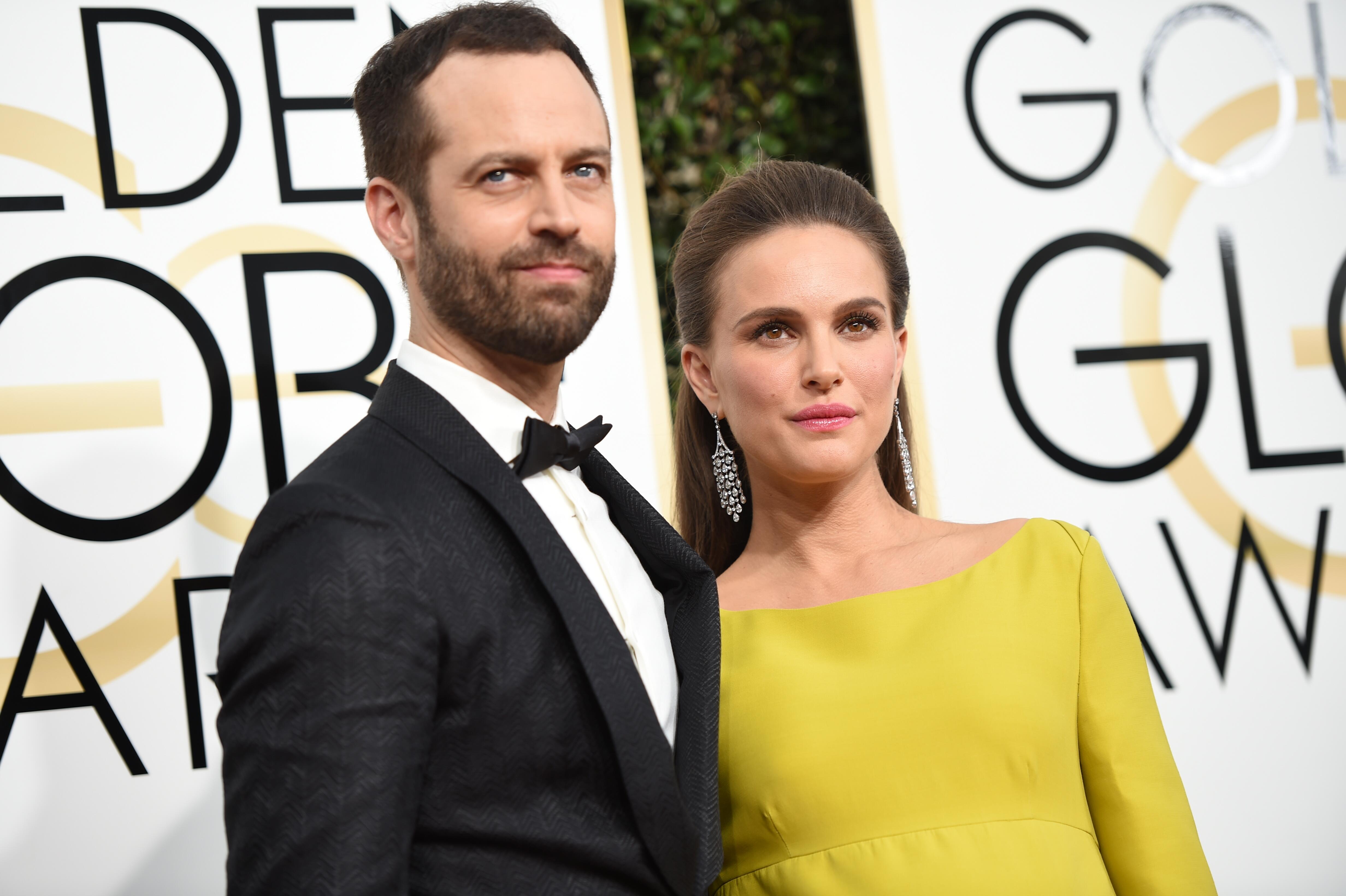 Actress Natalie Portman and Benjamin Millepied arrive at the 74th annual Golden Globe Awards, January 8, 2017, at the Beverly Hilton Hotel in Beverly Hills, California.  / AFP / VALERIE MACON        (Photo credit should read VALERIE MACON/AFP/Getty Images