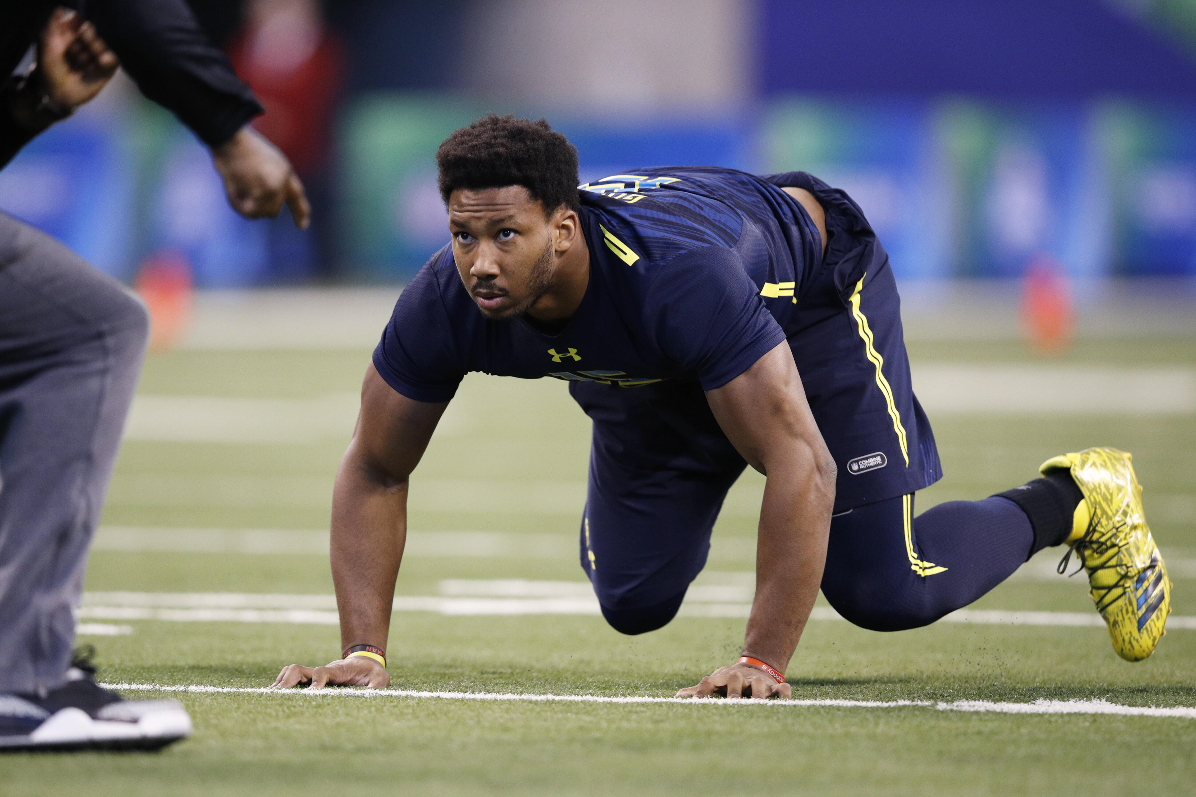 INDIANAPOLIS, IN - MARCH 05: Defensive lineman Myles Garrett of Texas A&M participates in a drill during day five of the NFL Combine at Lucas Oil Stadium on March 5, 2017 in Indianapolis, Indiana. (Photo by Joe Robbins/Getty Images)