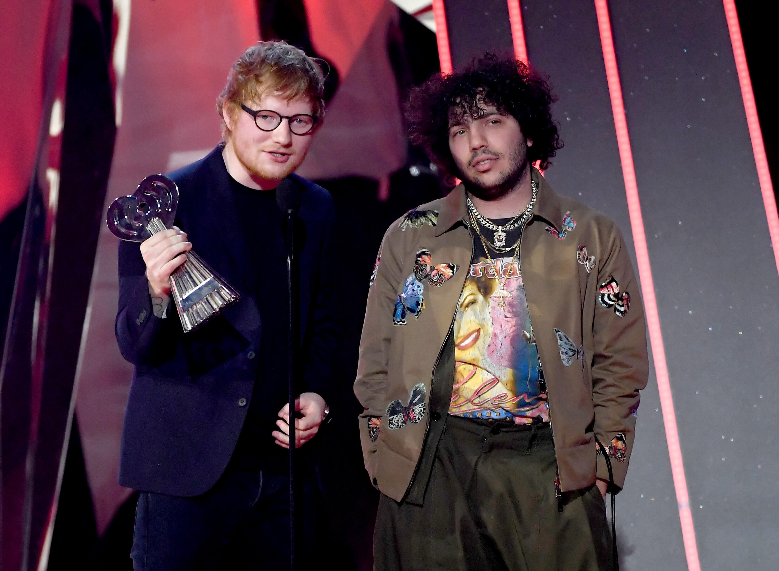 INGLEWOOD, CA - MARCH 05:  Songwriters Ed Sheeran (L) and Benny Blanco accept Best Lyrics for 'Love Yourself' (song by Justin Bieber) onstage at the 2017 iHeartRadio Music Awards which broadcast live on Turner's TBS, TNT, and truTV at The Forum on March 5