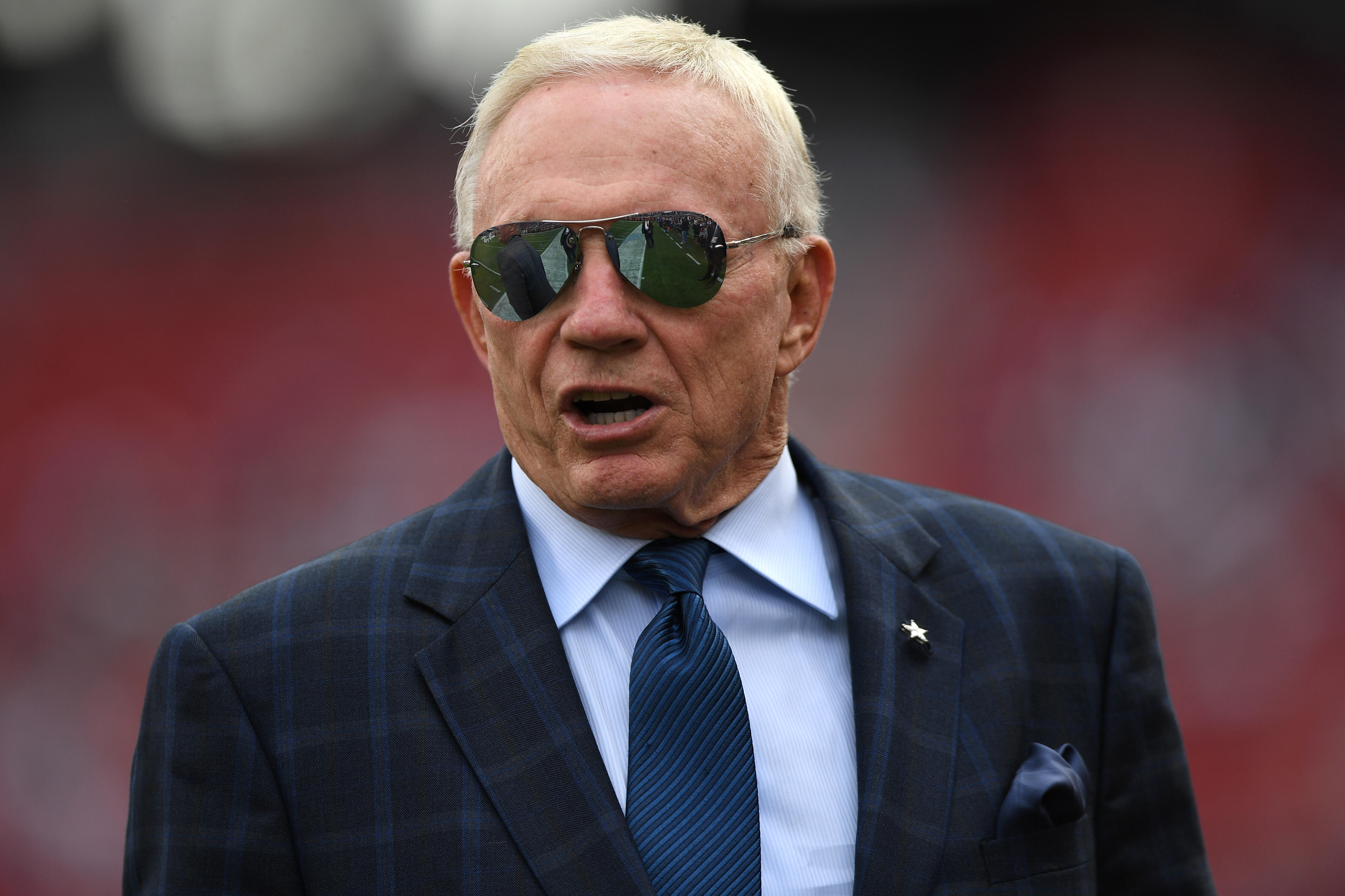 SANTA CLARA, CA - OCTOBER 02:   Dallas Cowboys owner Jerry Jones is seen on the field prior to the game against the San Francisco 49ers at Levi's Stadium on October 2, 2016 in Santa Clara, California. (Photo by Thearon W. Henderson/Getty Images)