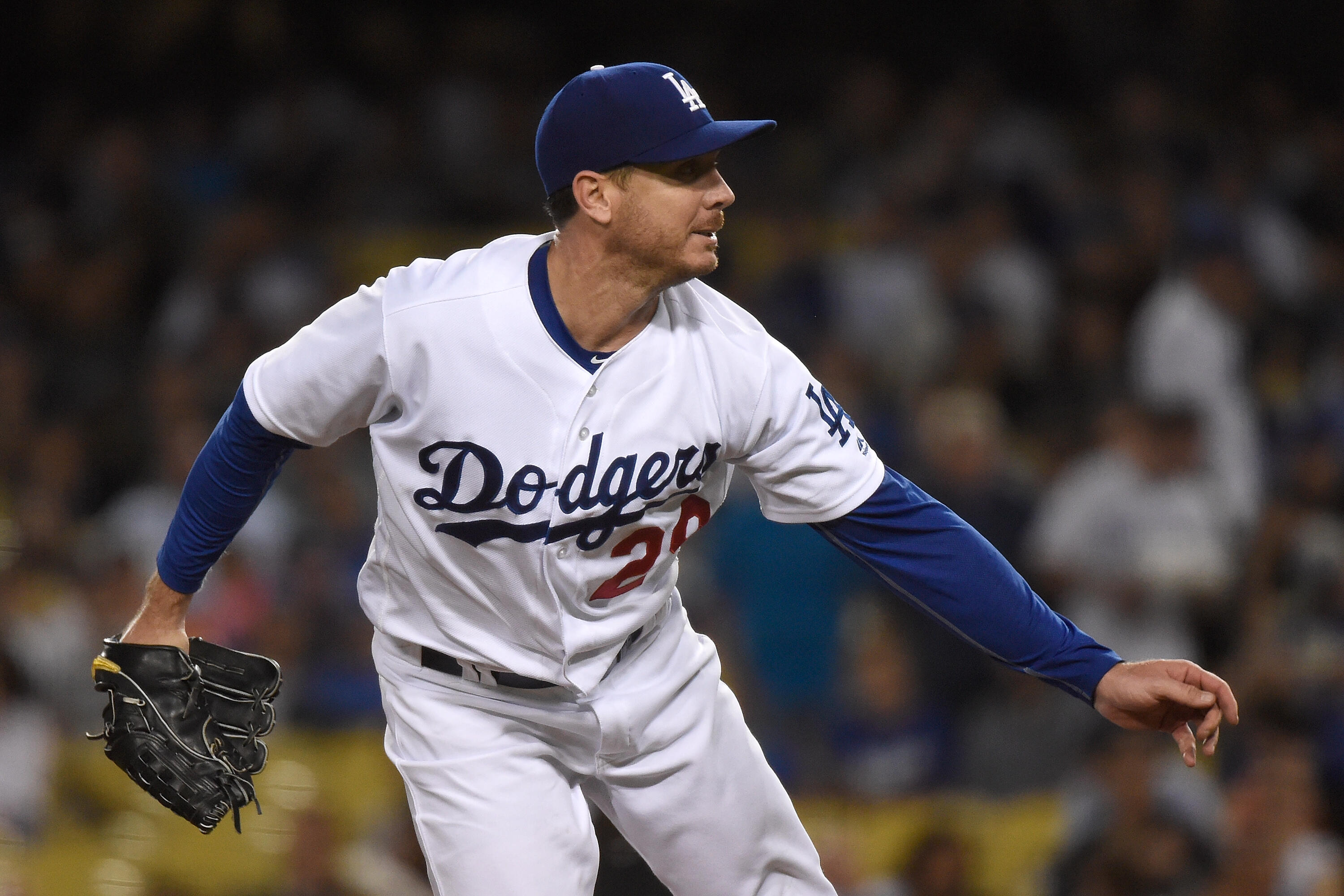 LOS ANGELES, CA - SEPTEMBER 23:  Scott Kazmir #29 of the Los Angeles Dodgers pitches in the first inning against the Colorado Rockies at Dodger Stadium on September 23, 2016 in Los Angeles, California.  (Photo by Lisa Blumenfeld/Getty Images)