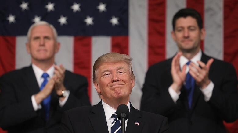 WASHINGTON, DC - FEBRUARY 28:  (AFP OUT) U.S. President Donald J. Trump (C) delivers his first address to a joint session of the U.S. Congress as U.S. Vice President Mike Pence (L) and Speaker of the House Paul Ryan (R) listen on February 28, 2017 in the 